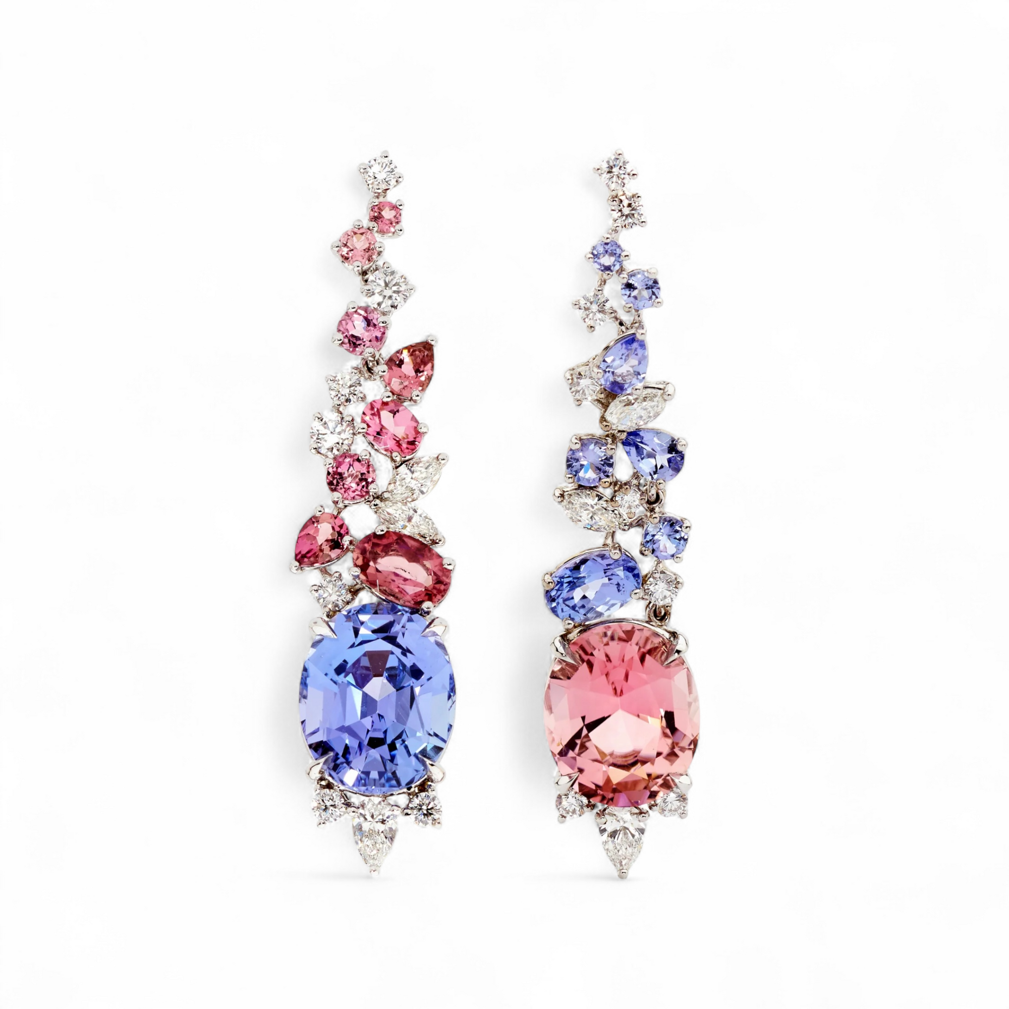 Matthew Ely Jewellery | 18ct White Gold, Pink Tourmaline, Tanzanite & Diamond Reverse Drop Earrings