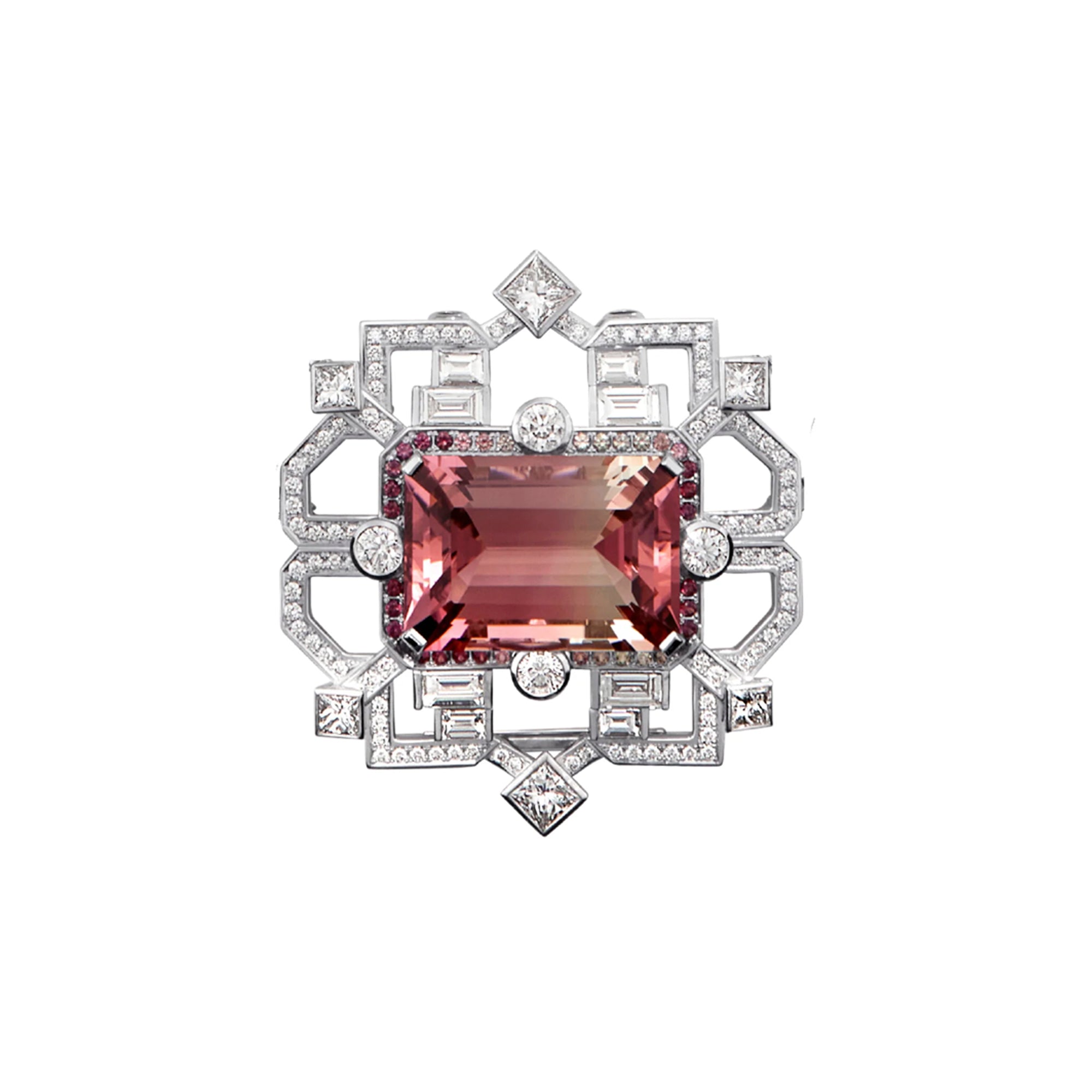 Matthew Ely Jewellery | 18ct White Gold, Tourmaline & Diamond Art Deco Necklace / Brooch