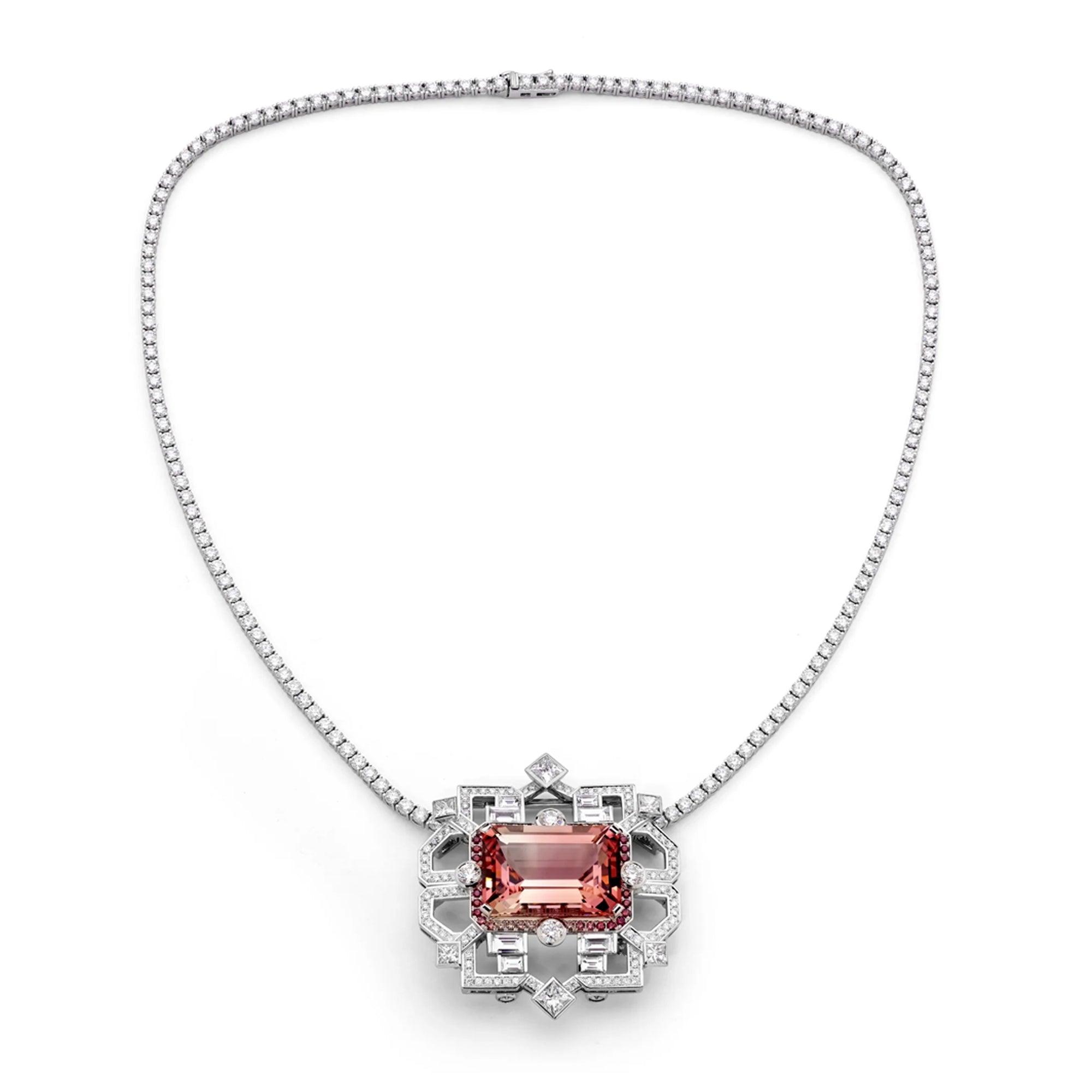 Matthew Ely Jewellery | 18ct White Gold, Tourmaline & Diamond Art Deco Necklace / Brooch