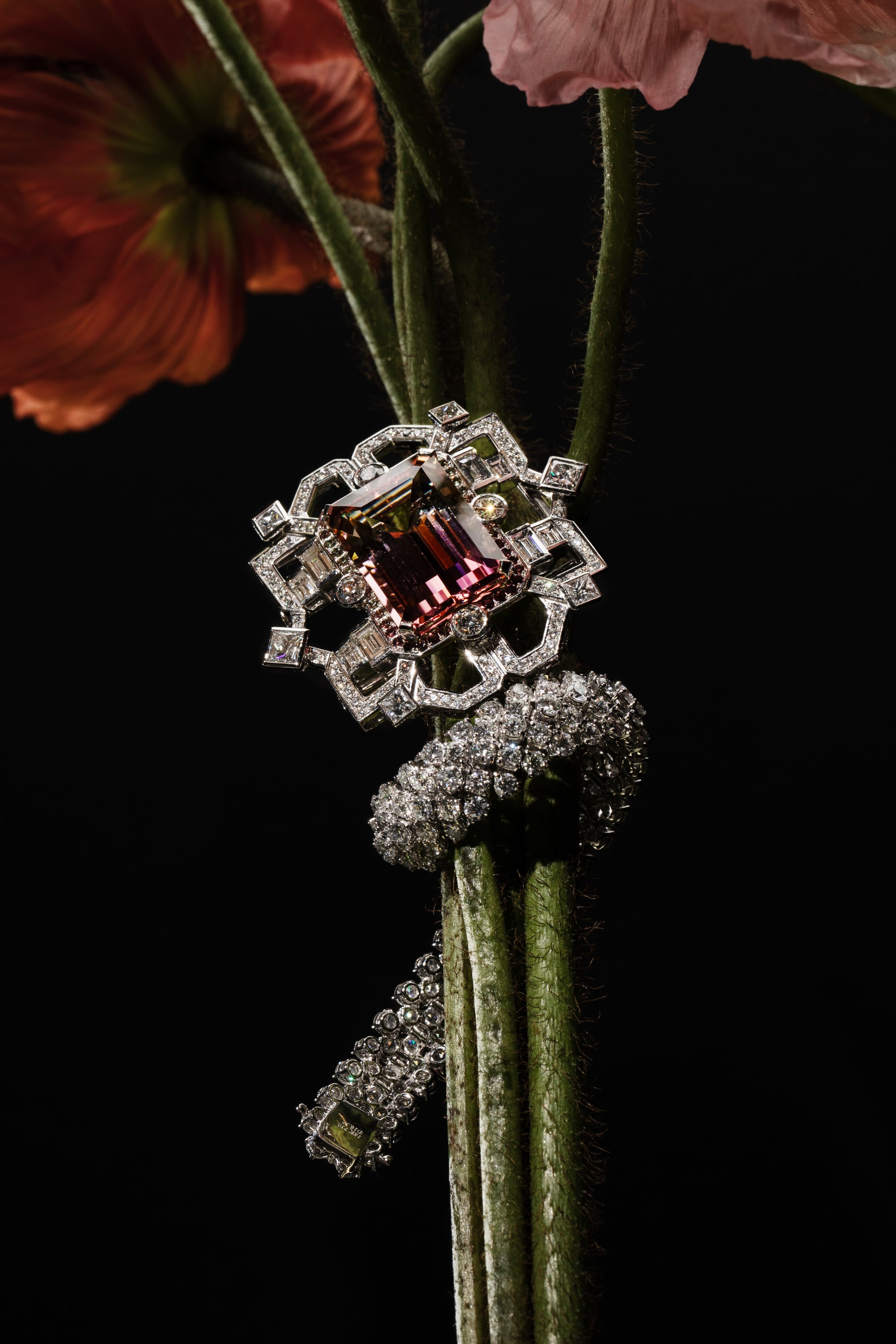 Matthew Ely Jewellery | 18ct White Gold, Tourmaline & Diamond Art Deco Necklace / Brooch