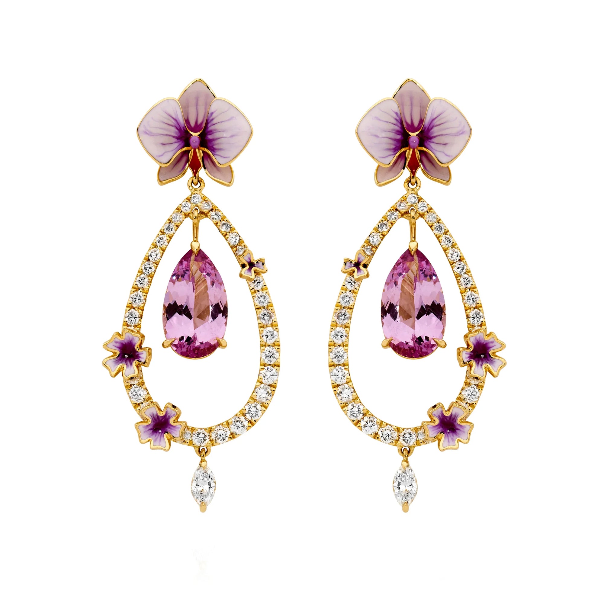 Matthew Ely Jewellery | Purple Orchard Malaya Garnet, Diamond & Enamel Flower Earrings