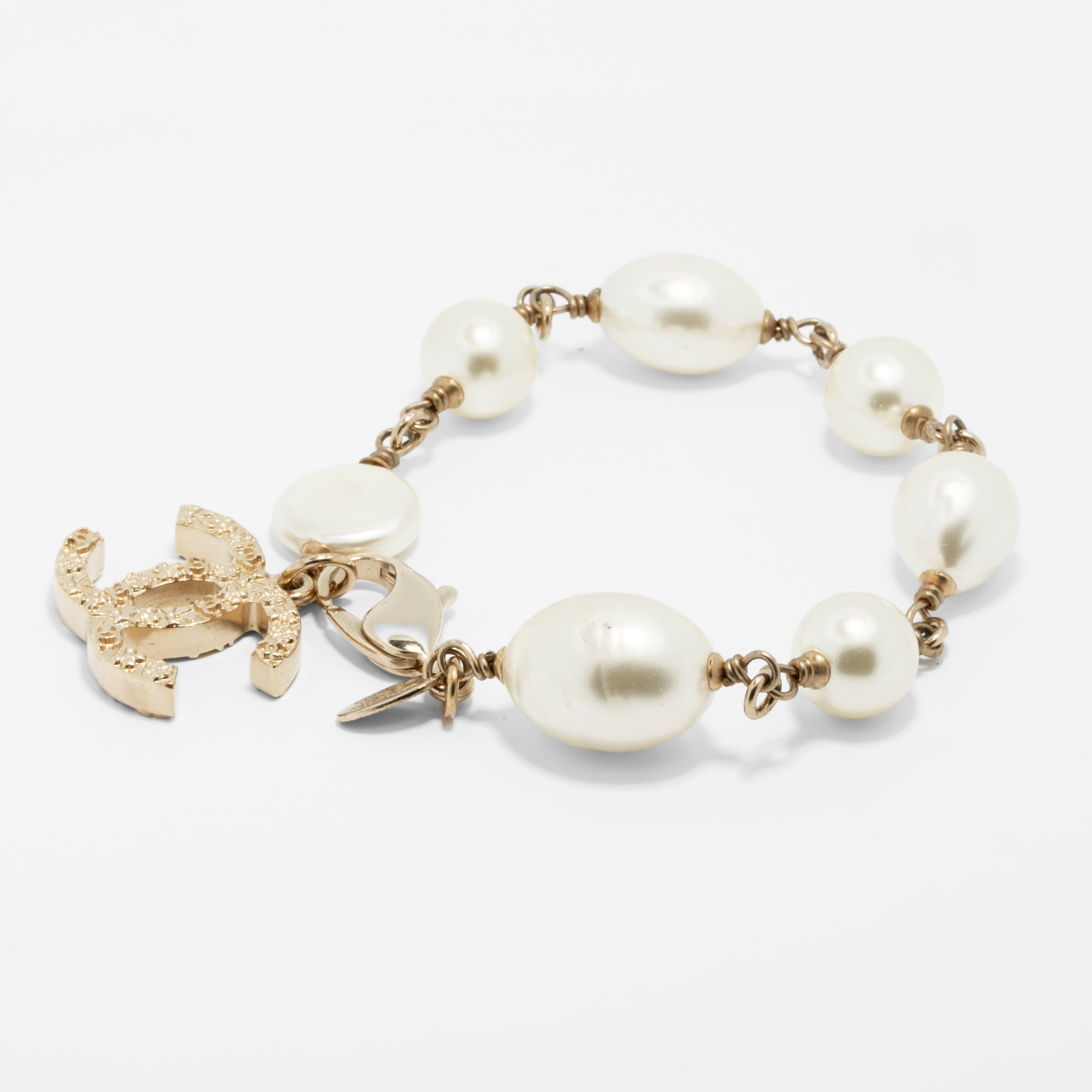 Chanel Faux Pearl Bracelet with Gold Tone CC Charm
