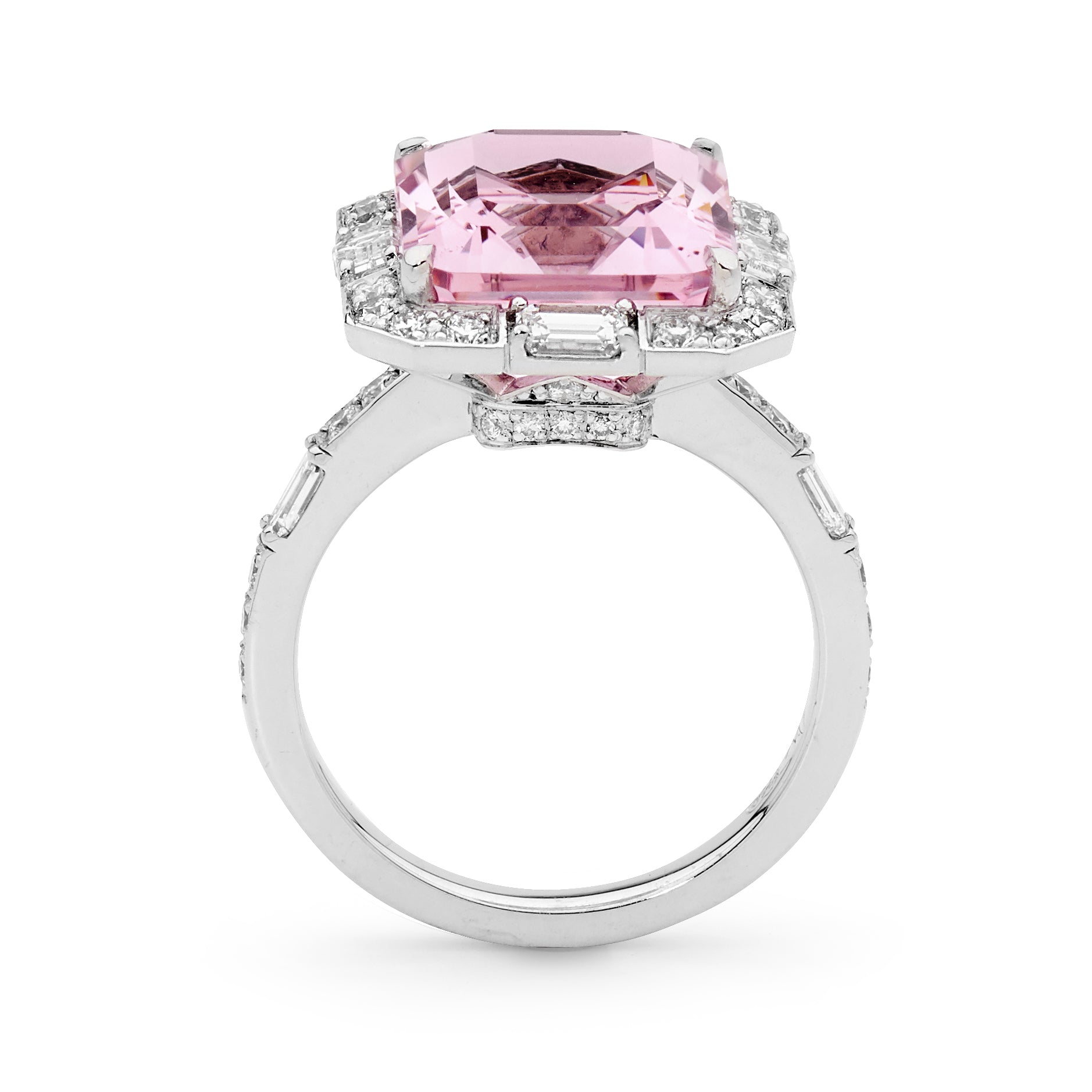 Matthew Ely Jewellery | 18ct White Gold, Morganite & Diamond Art Deco Cluster Ring