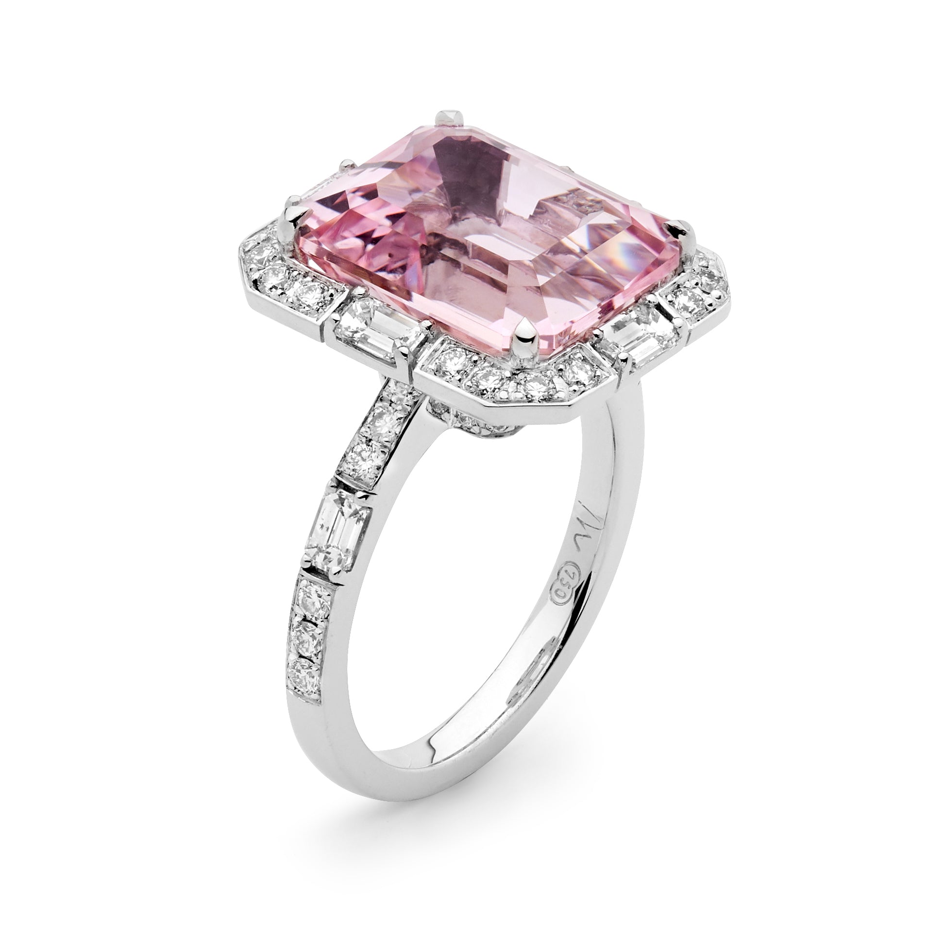 Matthew Ely Jewellery | 18ct White Gold, Morganite & Diamond Art Deco Cluster Ring