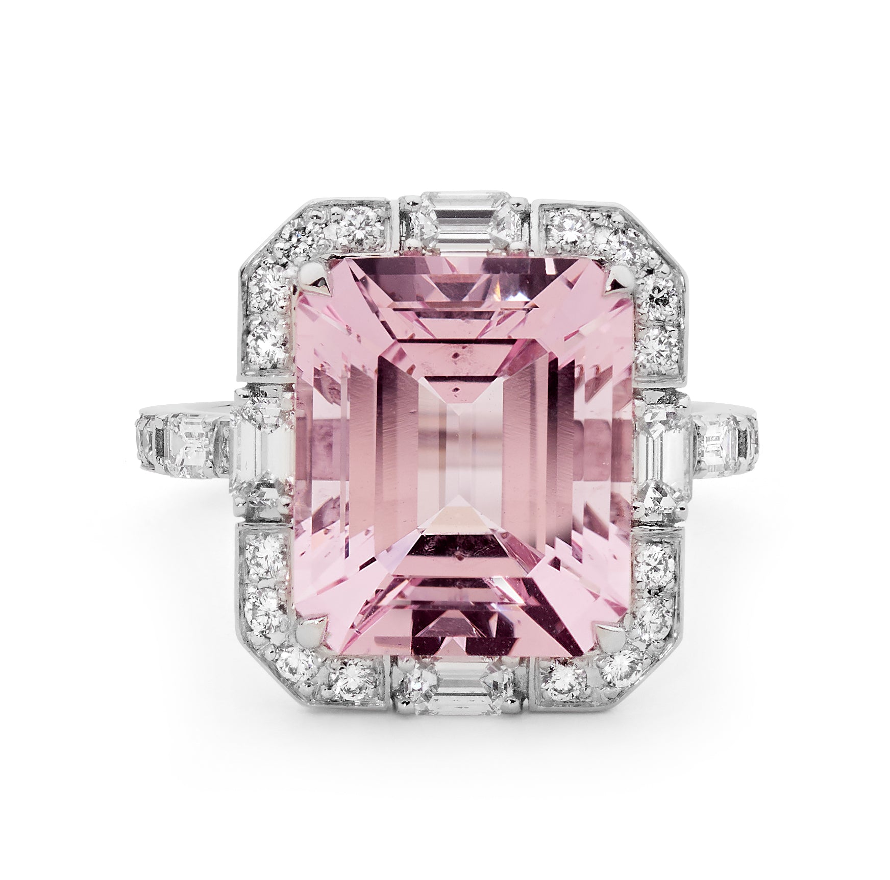 Matthew Ely Jewellery | 18ct White Gold, Morganite & Diamond Art Deco Cluster Ring
