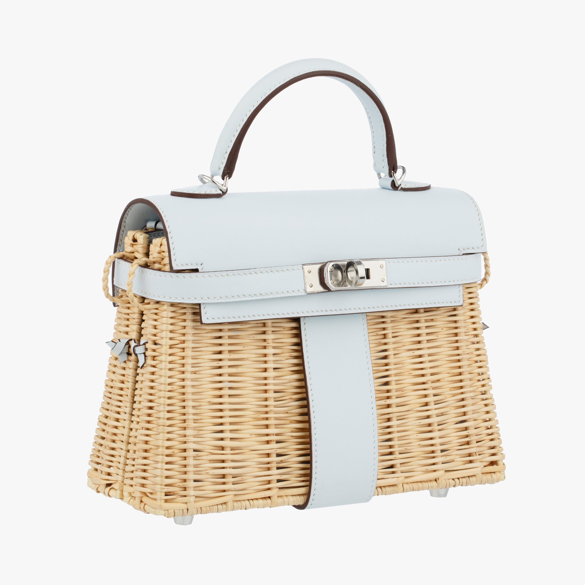 Hermès | Kelly Mini Picnic 20cm | Blue Brume Swift Leather & Wicker Palladium hardware