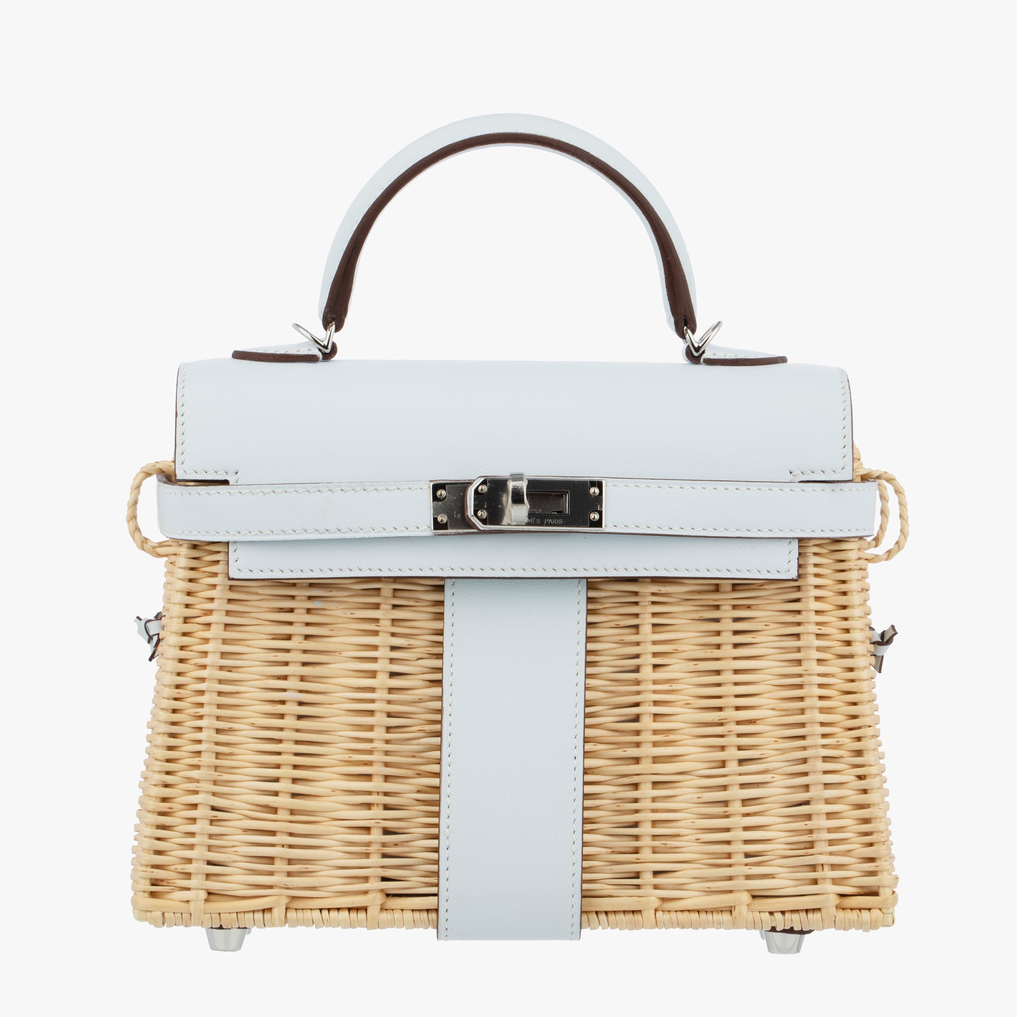 Hermès | Kelly Mini Picnic 20cm | Blue Brume Swift Leather & Wicker Palladium hardware