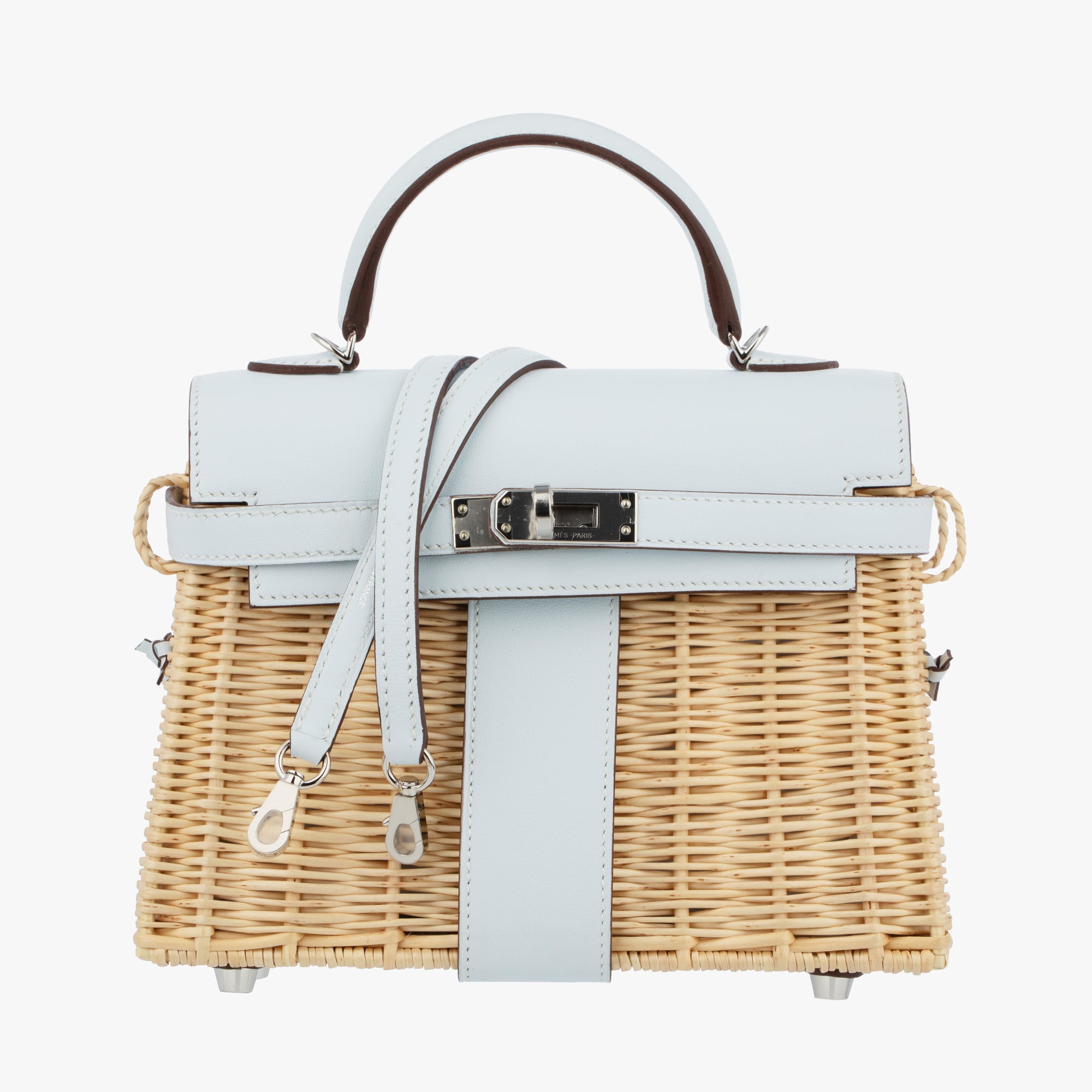 Hermès | Kelly Mini Picnic 20cm | Blue Brume Swift Leather & Wicker Palladium hardware