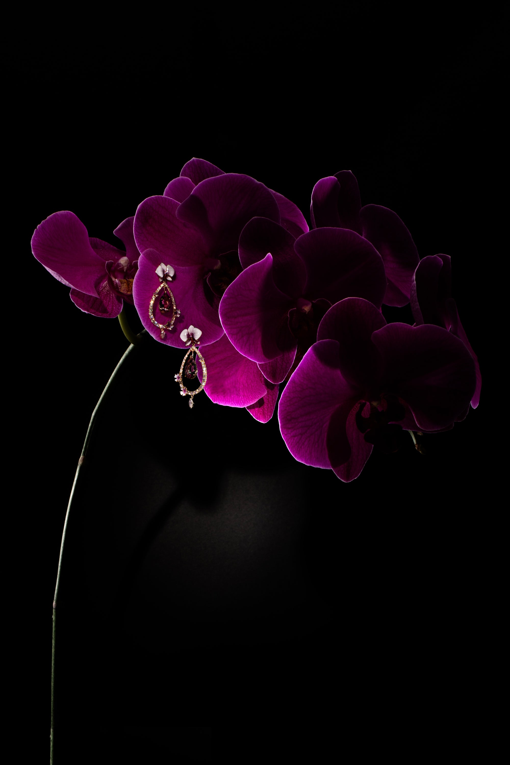 Matthew Ely Jewellery | Purple Orchard Malaya Garnet, Diamond & Enamel Flower Earrings