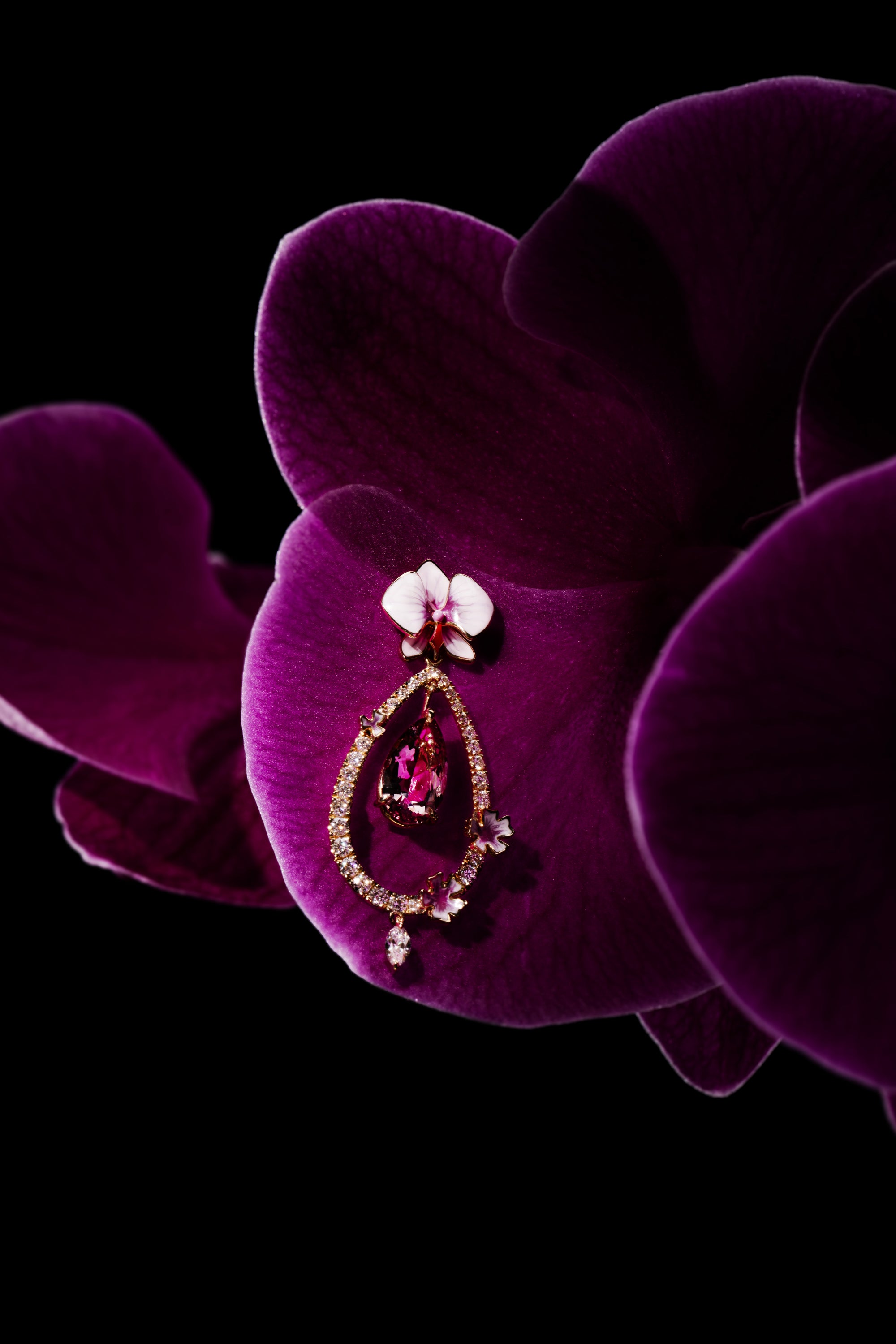 Matthew Ely Jewellery | Purple Orchard Malaya Garnet, Diamond & Enamel Flower Earrings