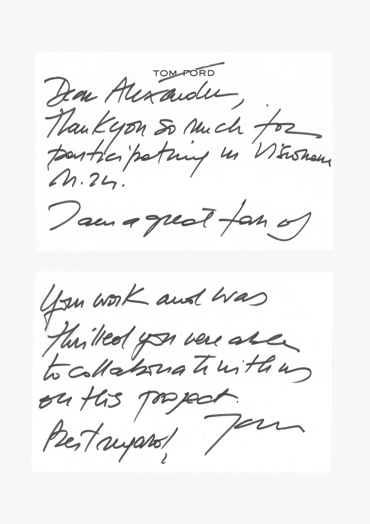 Tom Ford handwritten note addressed to Alexander McQueen