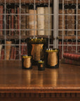 Four sizes of Trudon classic green candles arranged in a library
