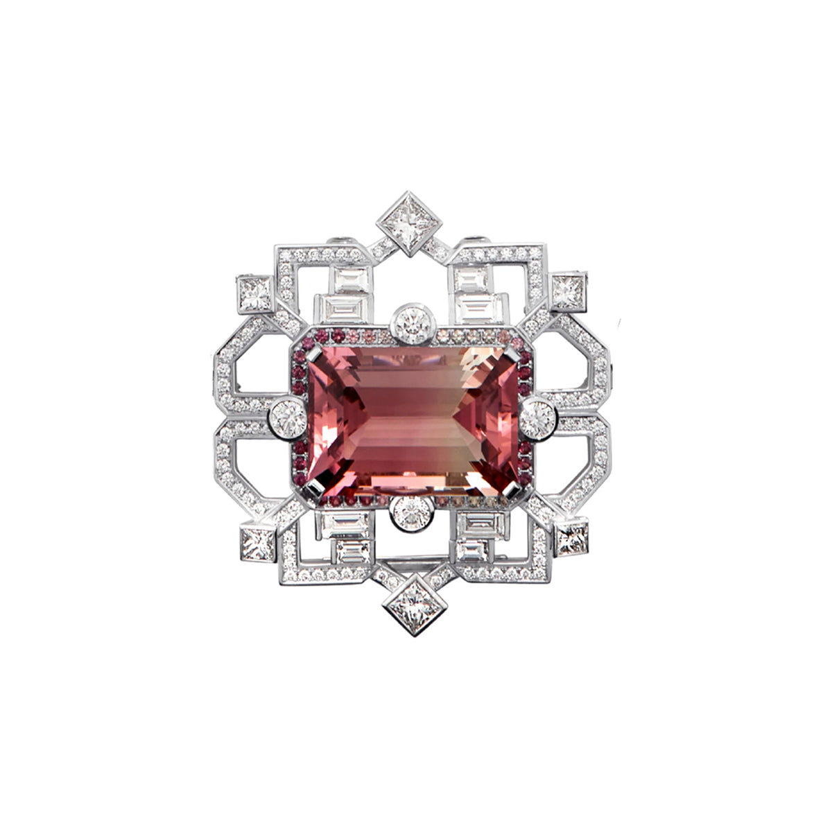 Front view of the bi-colour tourmaline and sapphire surround