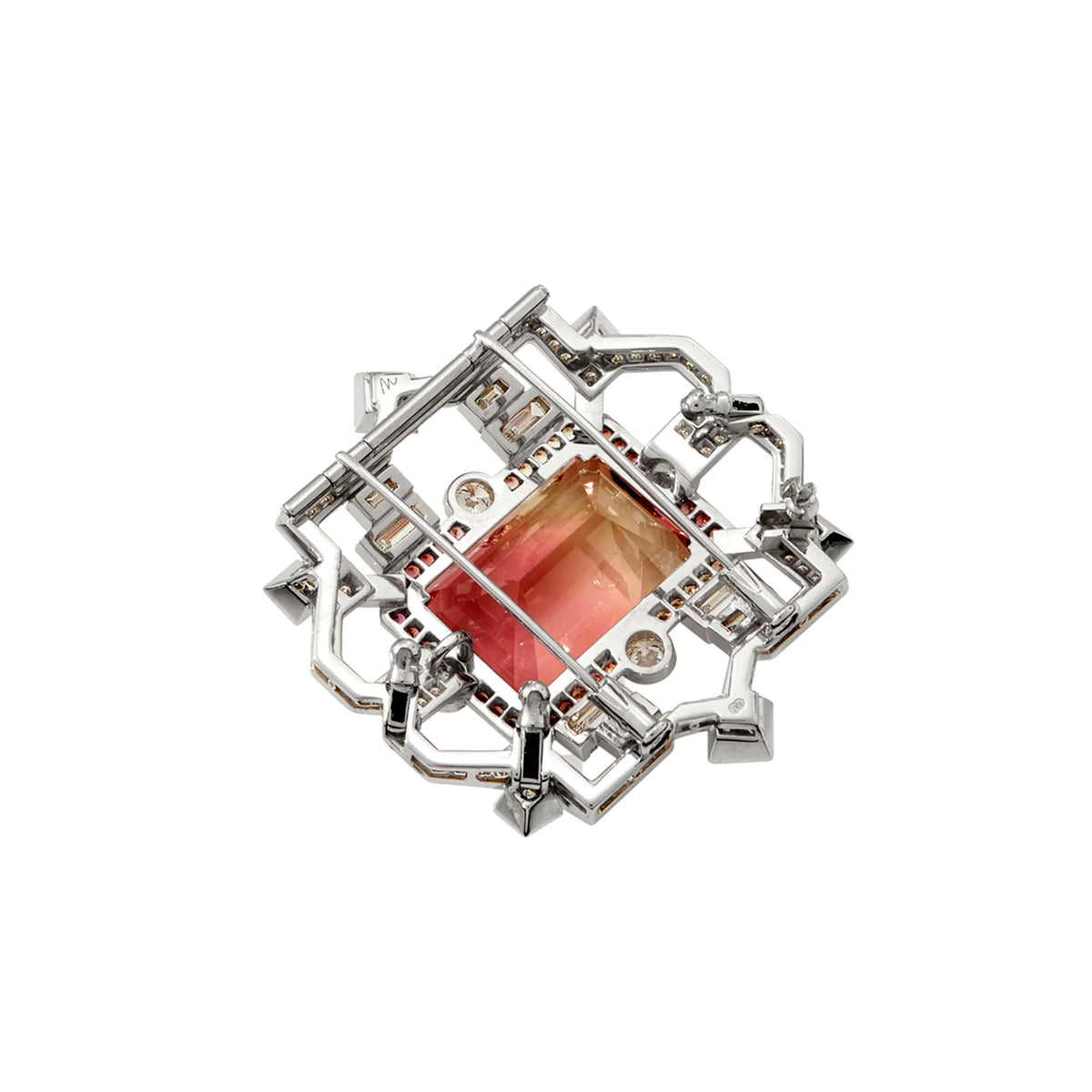 Reverse of the white gold setting showing the open framework and brooch pin