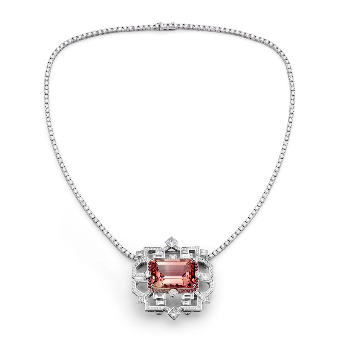 Tourmaline pendant suspended from its diamond tennis necklace