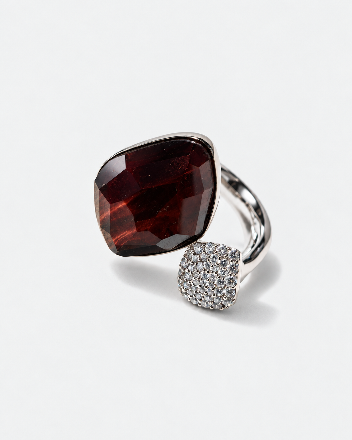 Saavi red tiger’s eye and crystal ring — elevated view