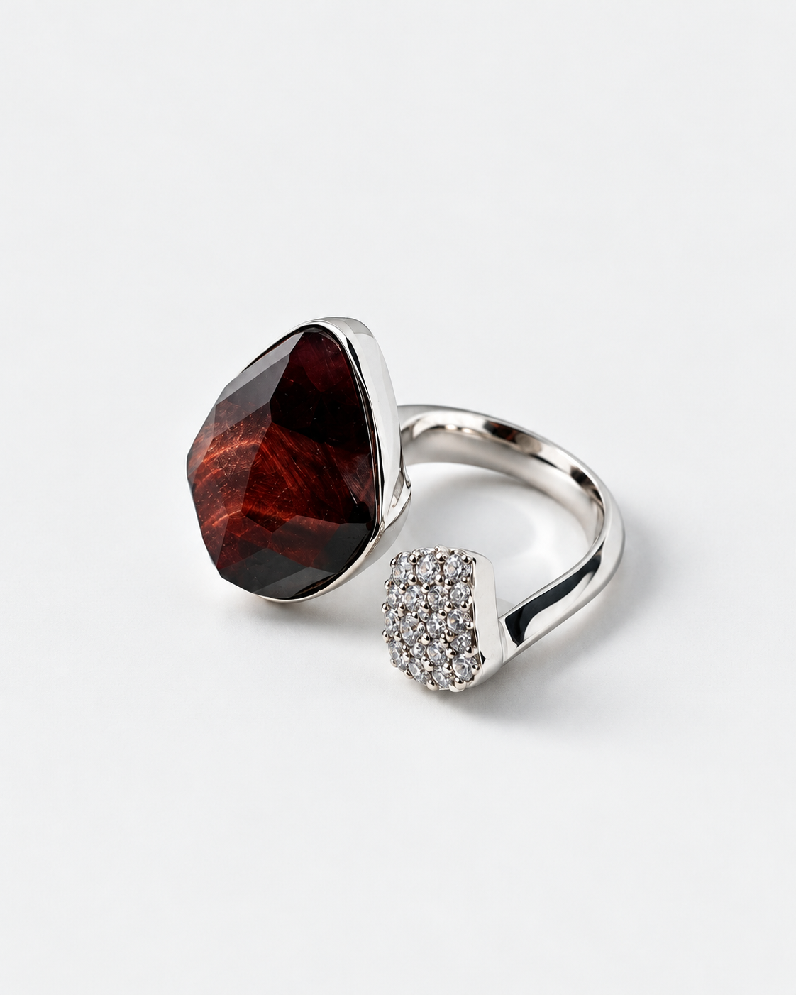 Saavi red tiger’s eye and crystal ring — three-quarter view