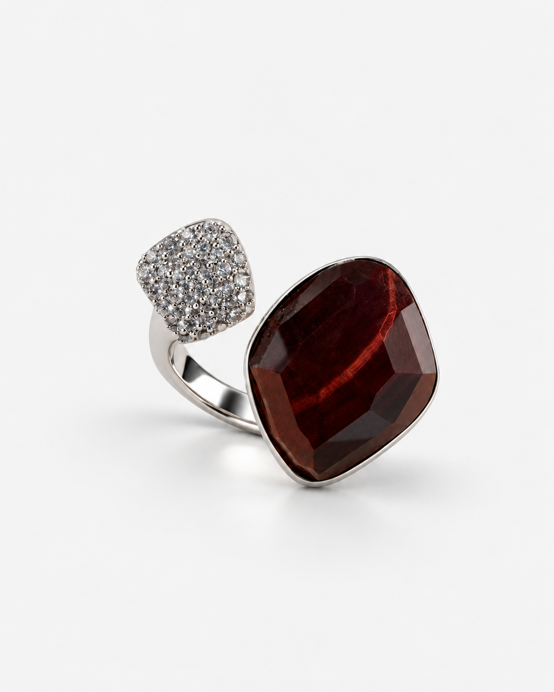 Saavi red tiger’s eye and crystal ring — diagonal view