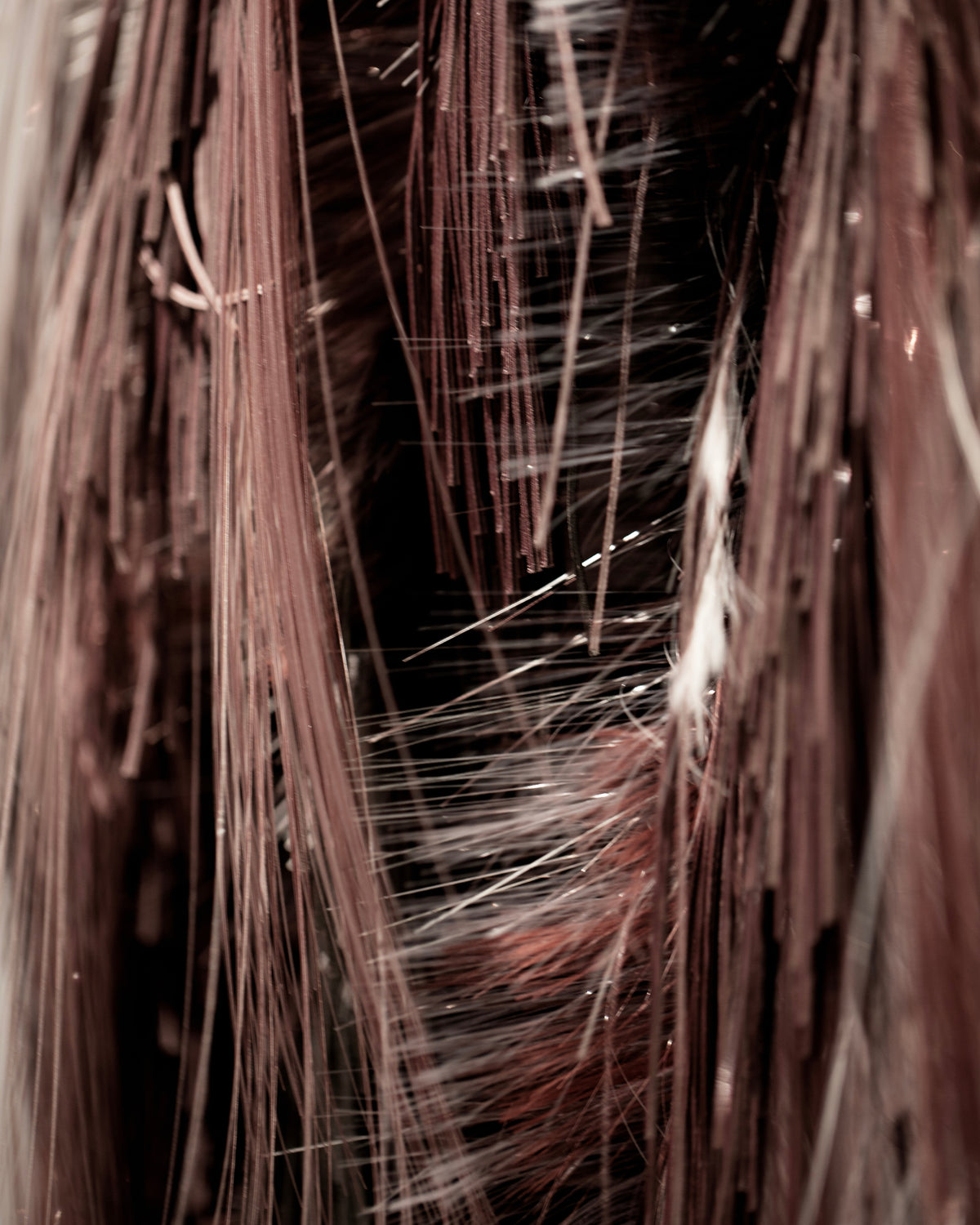 Fine pink and brown fringe catching the light against a dark background.