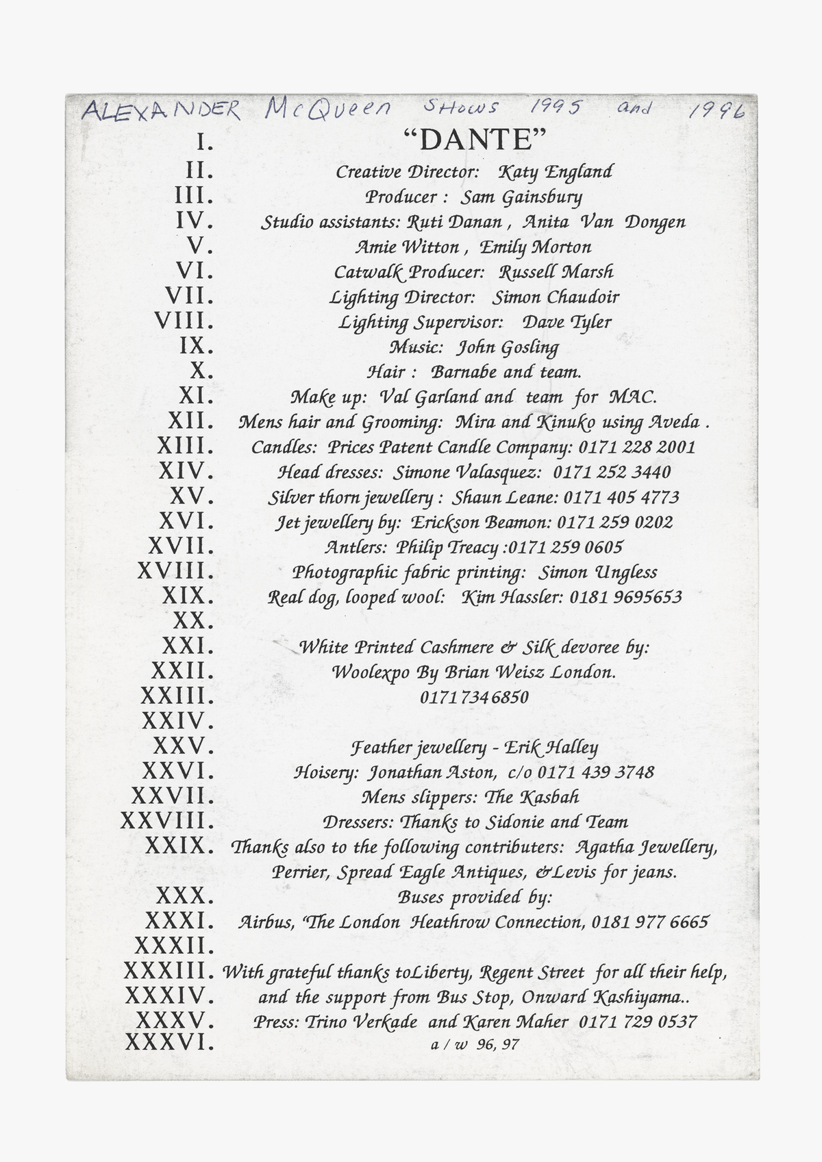Alexander McQueen Dante hand-typed production credits naming Mira Chai-Hyde