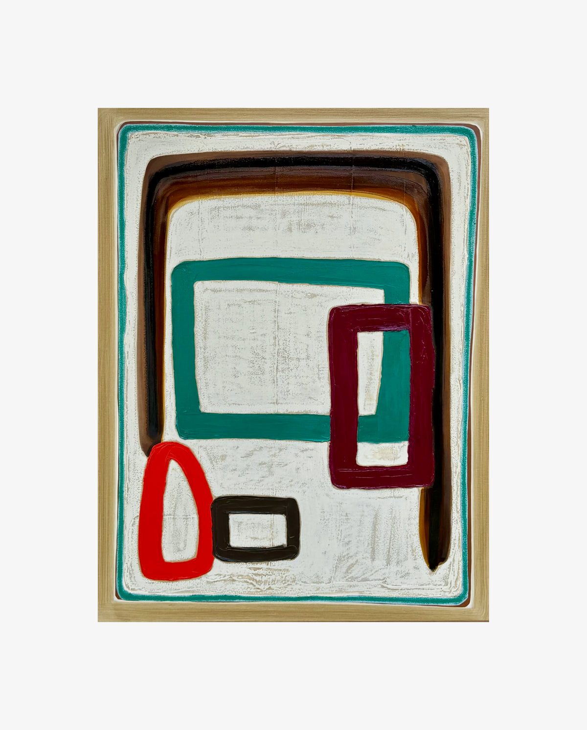 Acapella II by Jane Jenevieve — oil on canvas with layered green, brown and red outlines.