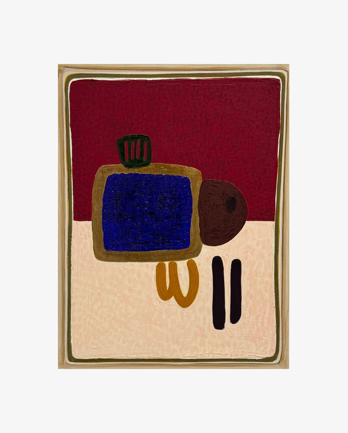 Buggy in the Grass II by Jane Jenevieve — oil on canvas with a blue form against burgundy and cream fields.