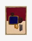 Buggy in the Grass II by Jane Jenevieve — oil on canvas with a blue form against burgundy and cream fields.