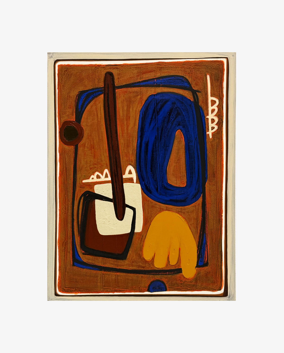 Gentle Eye by Jane Jenevieve — oil on canvas with blue and ochre forms within an earthy brown field.