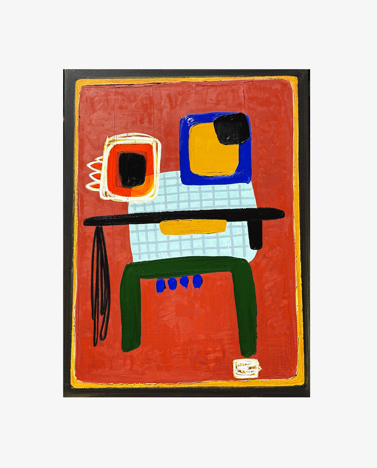 Smarty Pants by Jane Jenevieve — oil on canvas with bright red, blue and yellow geometric forms.