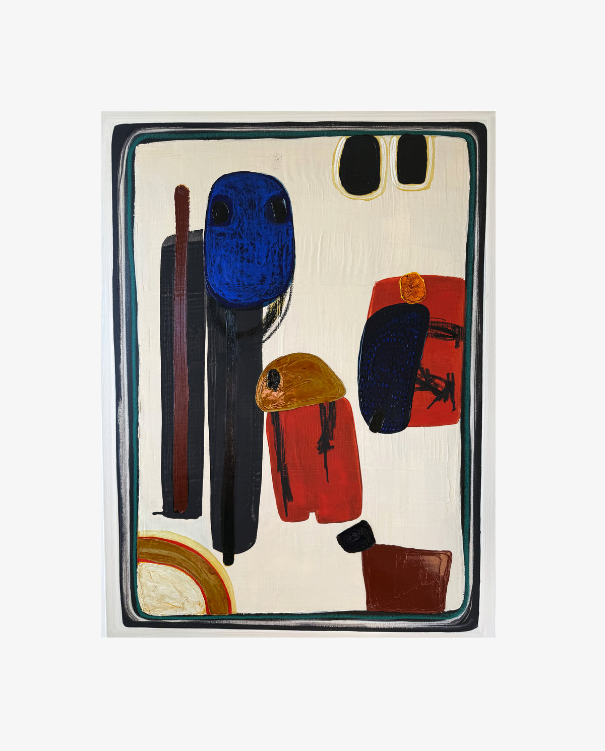 When The Dust Settles by Jane Jenevieve — oil on canvas with blue, red and black forms on a pale ground.
