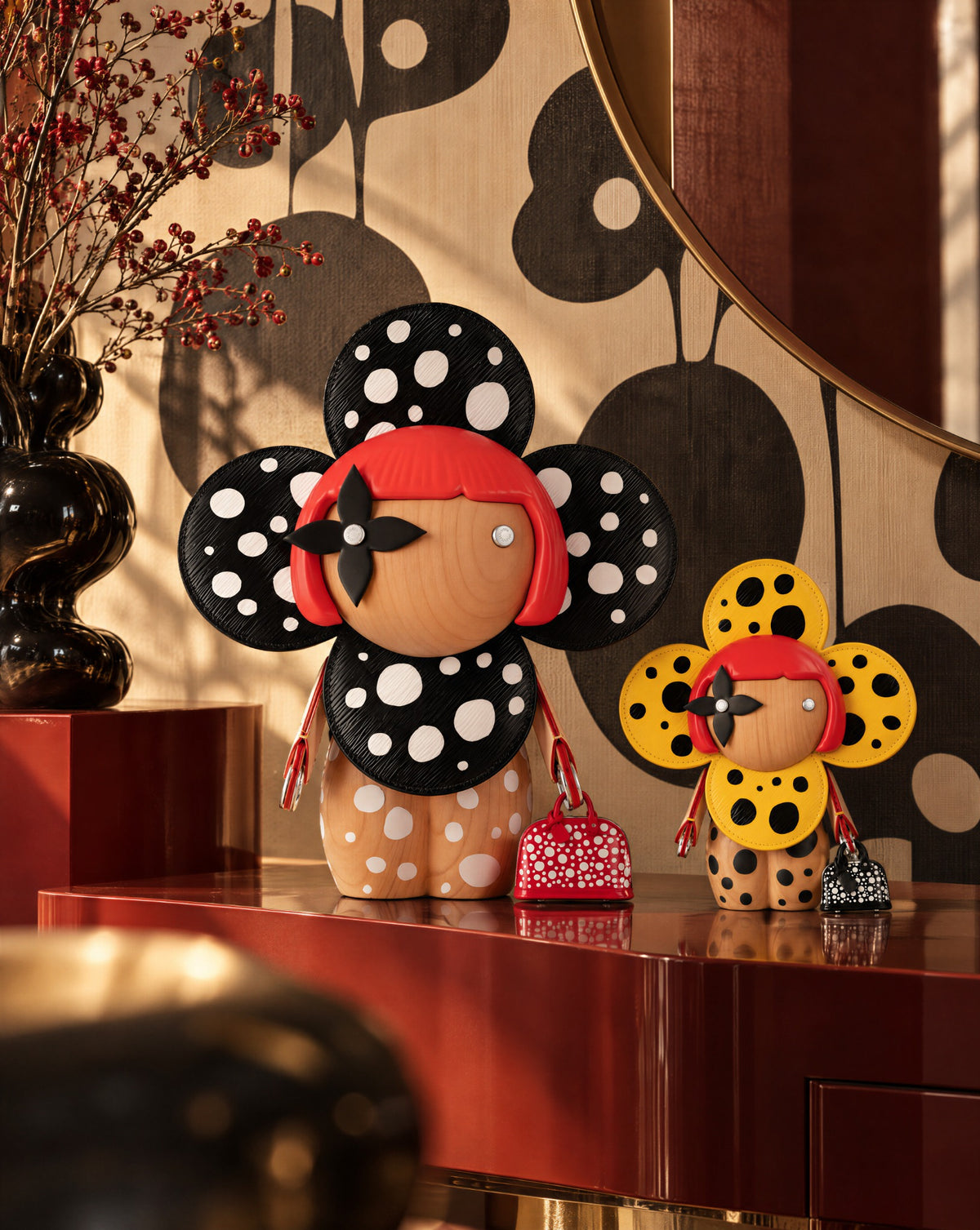 Louis Vuitton x Yayoi Kusama Vivienne figures in a warm interior setting