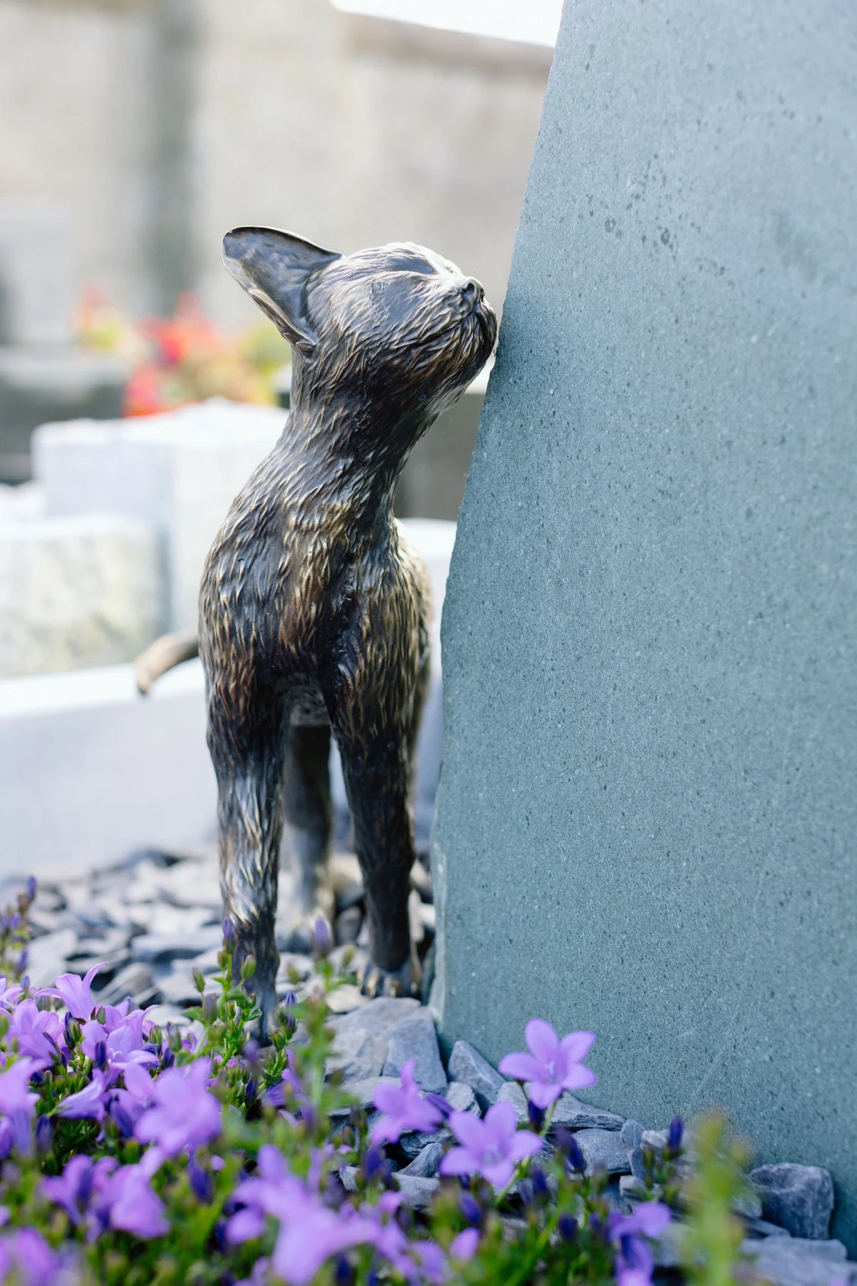 A bronze cat against the slate of I gcomhcheol