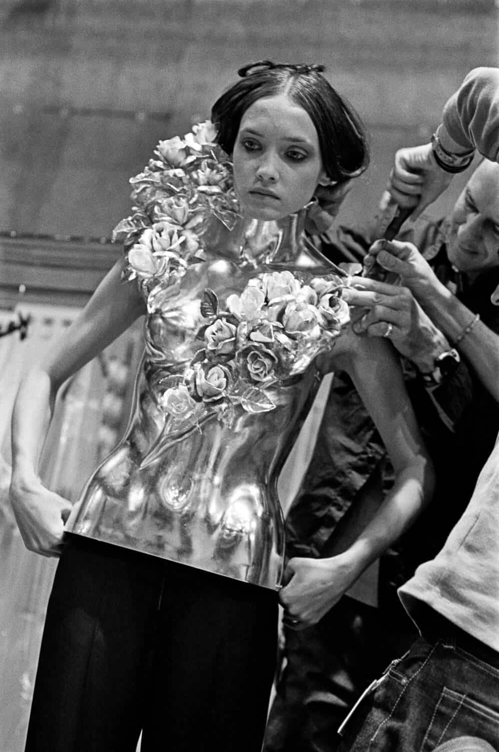 A fitting of Shaun Leane’s rose corset for Givenchy, photographed by Ann Ray