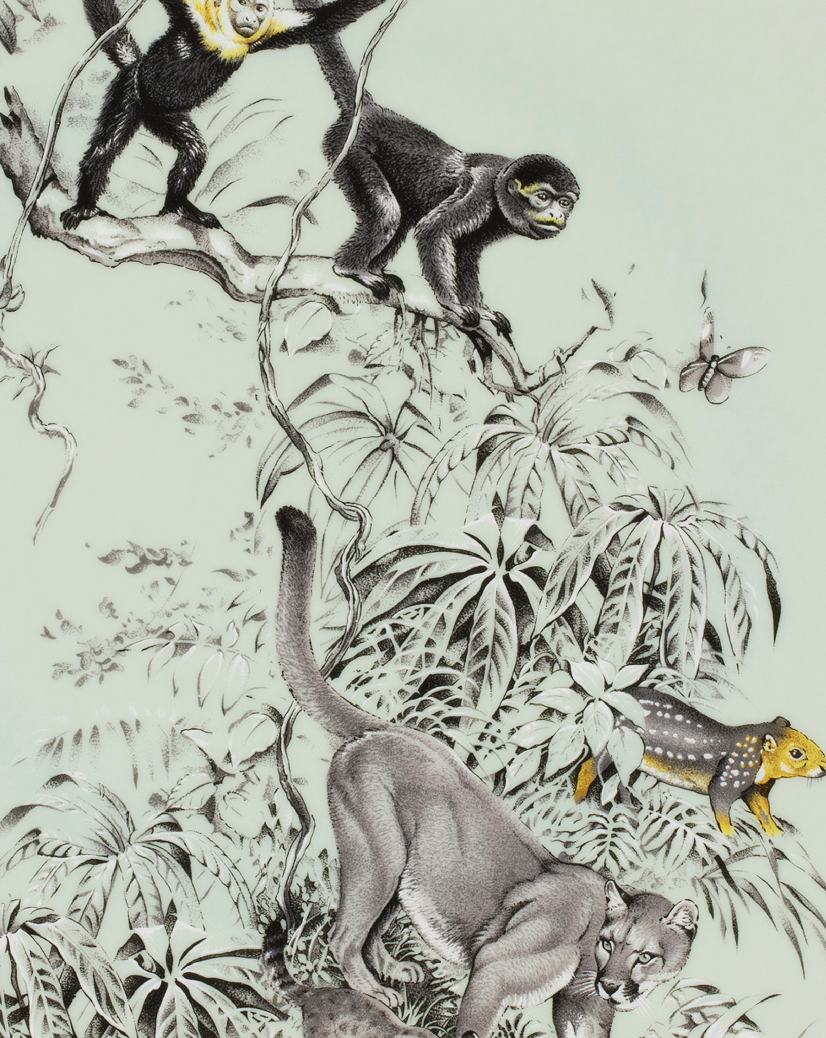 Detail of Hermès Carnets d'Équateur presentation plate showing monkeys, a puma and tropical flora