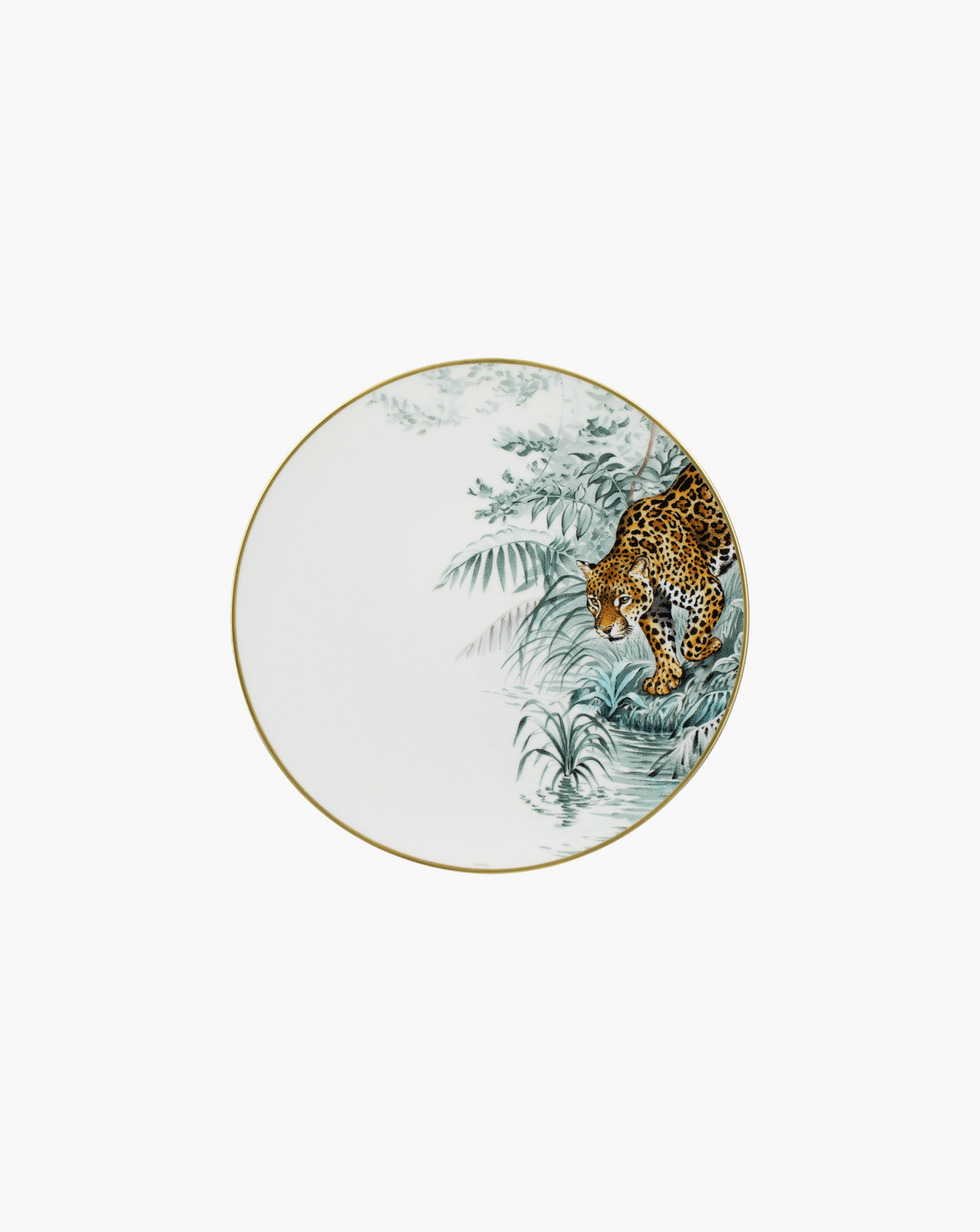 Hermès Carnets d'Équateur jaguar dinner plate, single plate on soft grey background