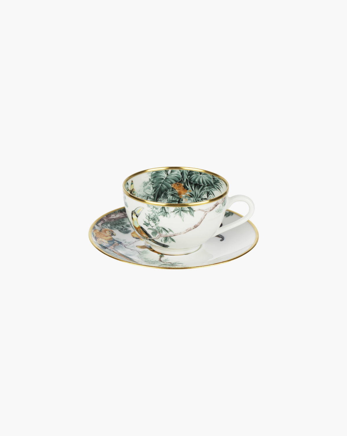 Hermès Carnets d'Équateur teacup and saucer with tropical bird motifs, single setting