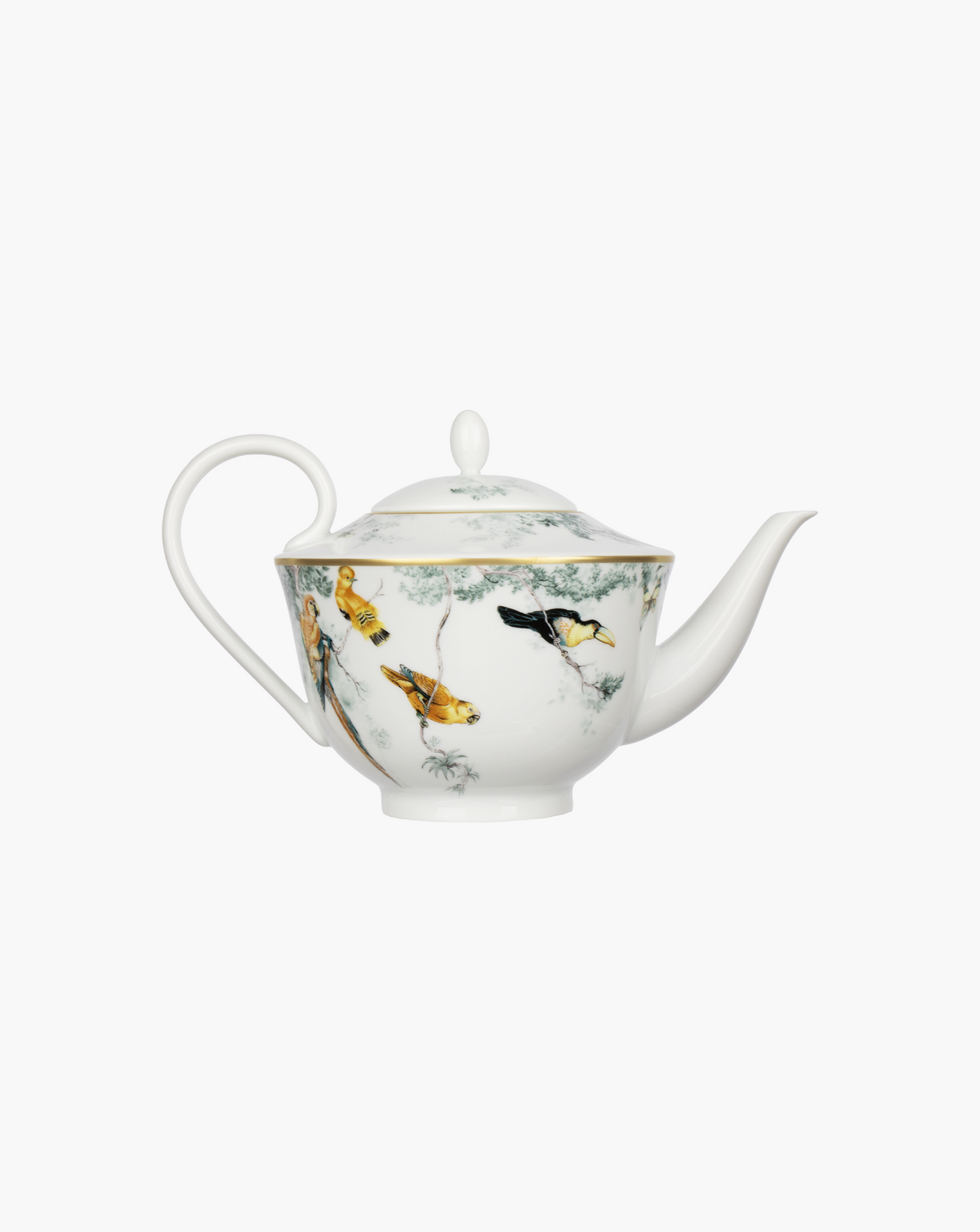 Hermès Carnets d’Équateur porcelain teapot, bird-decorated reverse side on grey background