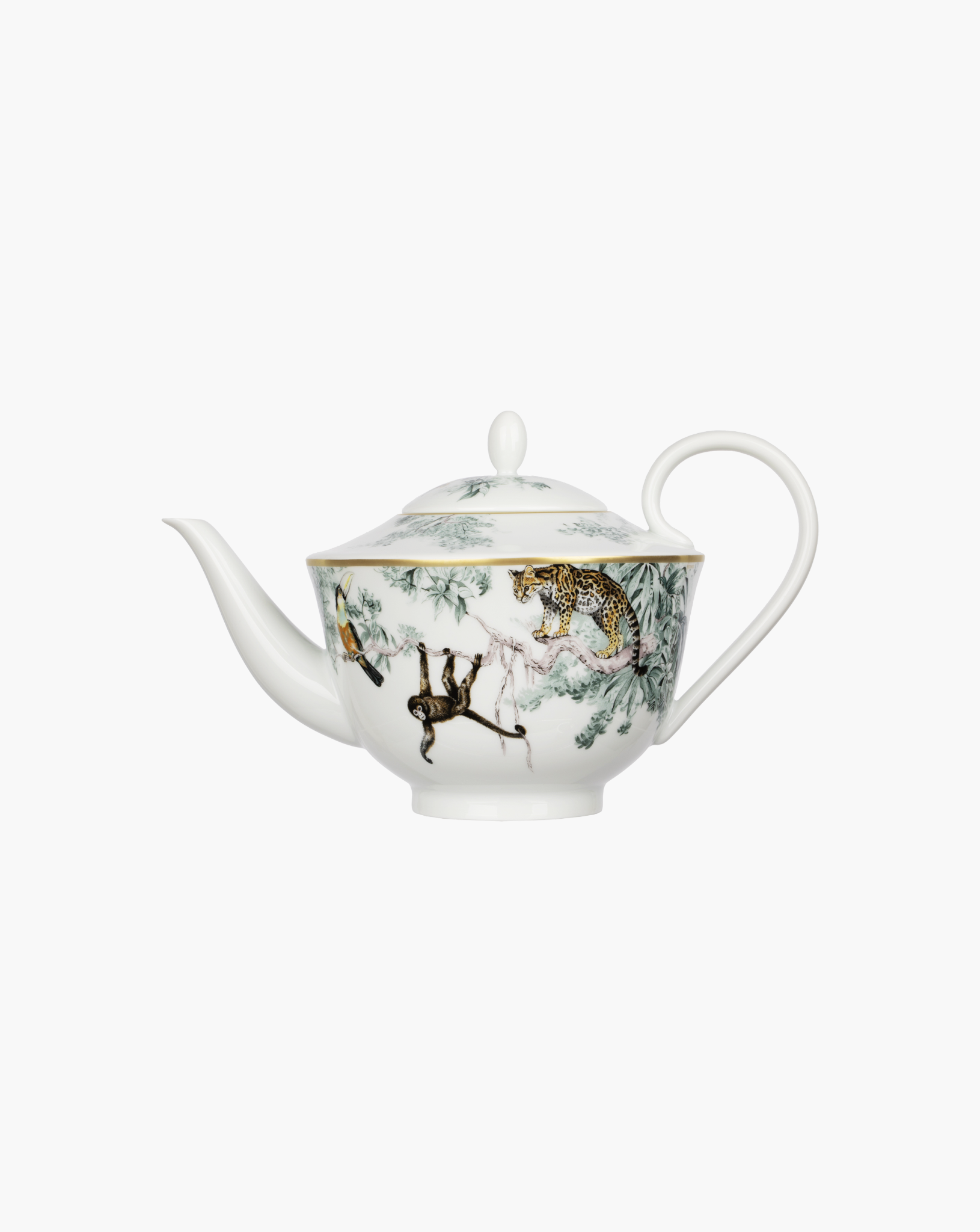 Hermès Carnets d’Équateur porcelain teapot, leopard-and-monkey side view on grey background