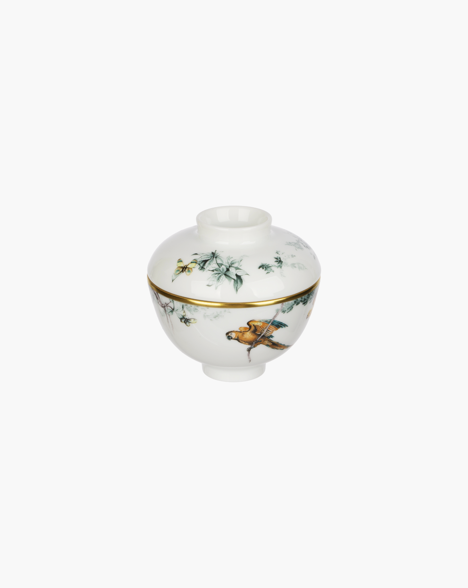 Hermès Carnets d’Équateur porcelain sugar canister, close view with lid in place on grey background