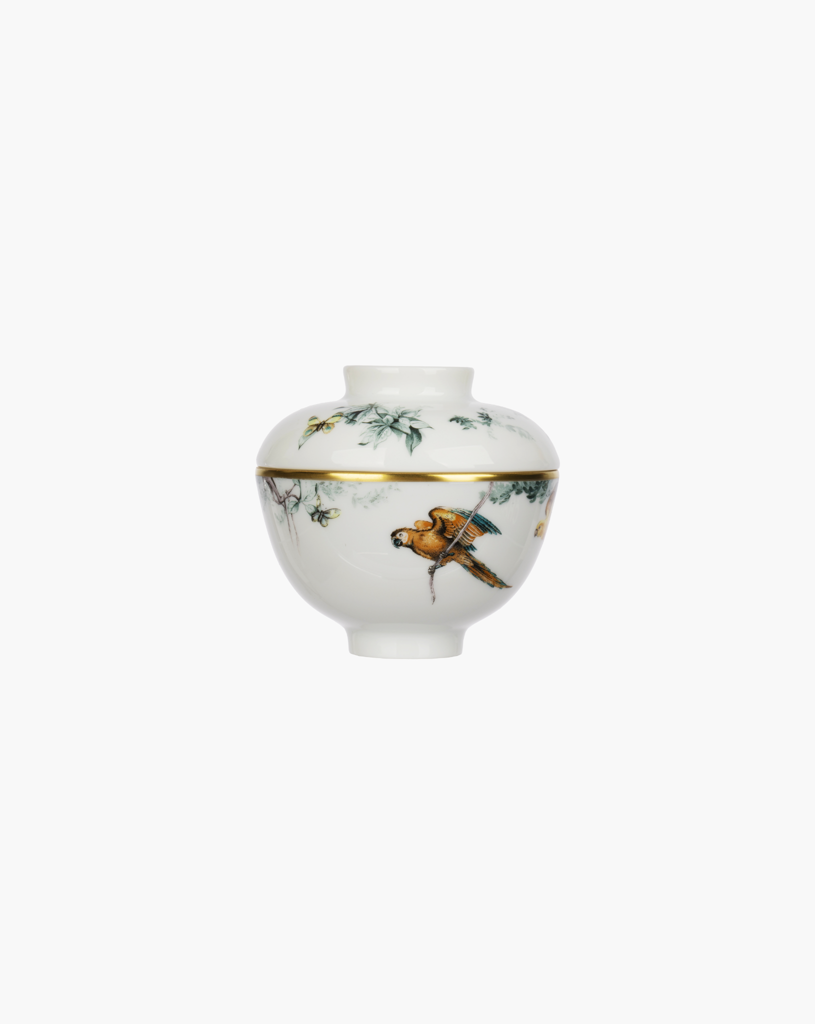 Hermès Carnets d’Équateur porcelain sugar canister, full front view with lid in place on grey background