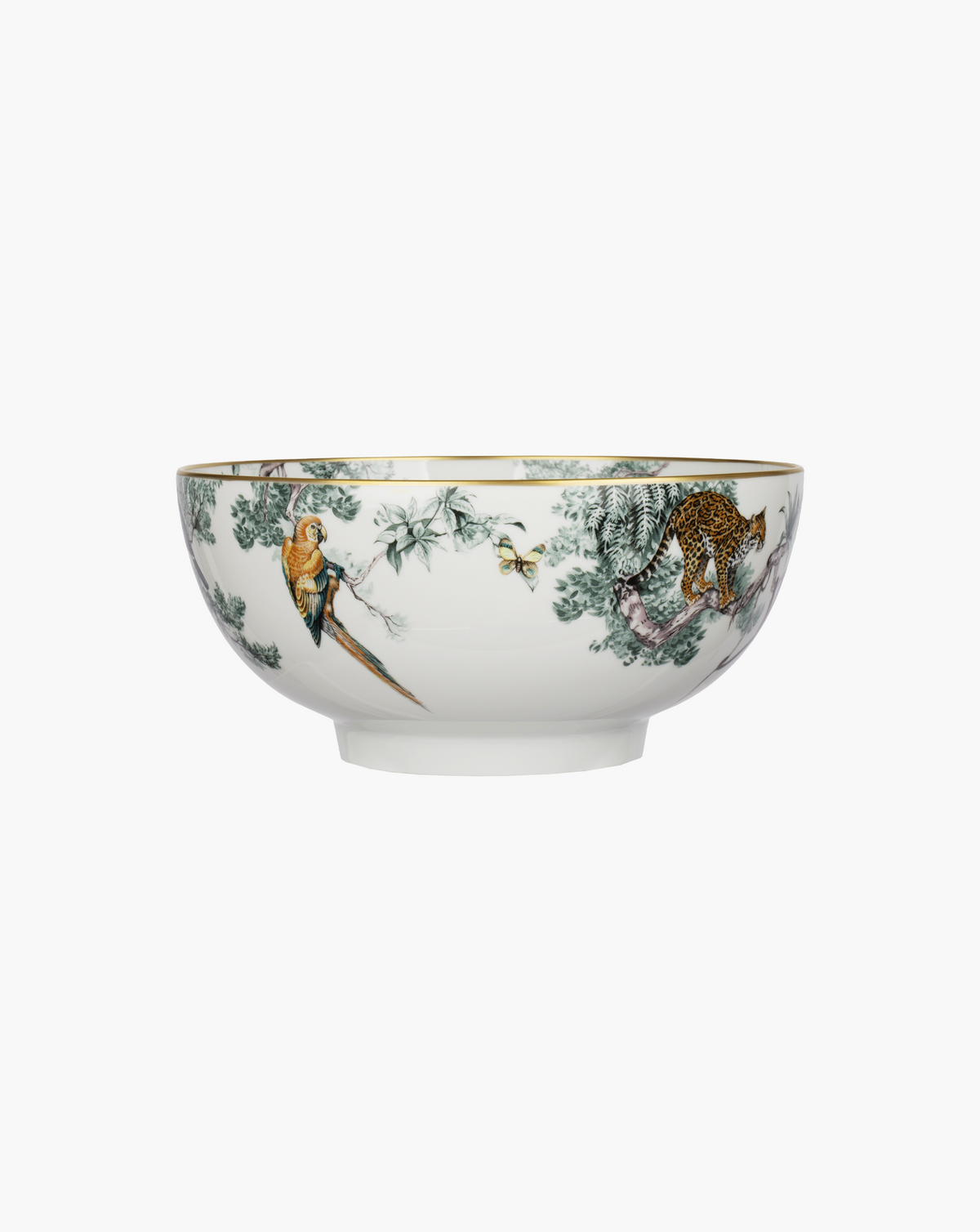Hermès Carnets d’Équateur porcelain salad bowl, parrot and leopard reverse side on grey background