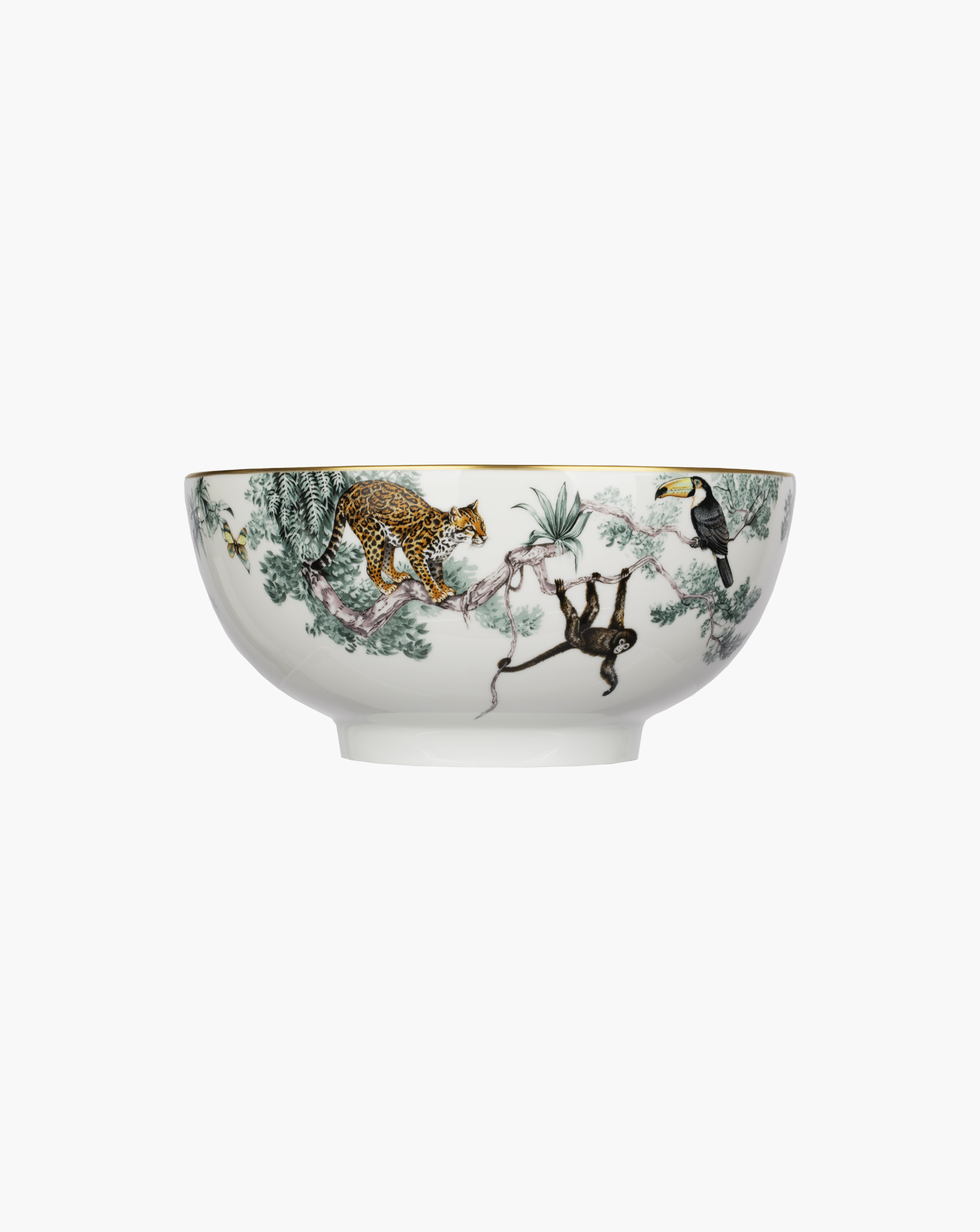 Hermès Carnets d’Équateur porcelain salad bowl, leopard, monkey and toucan side view on grey background