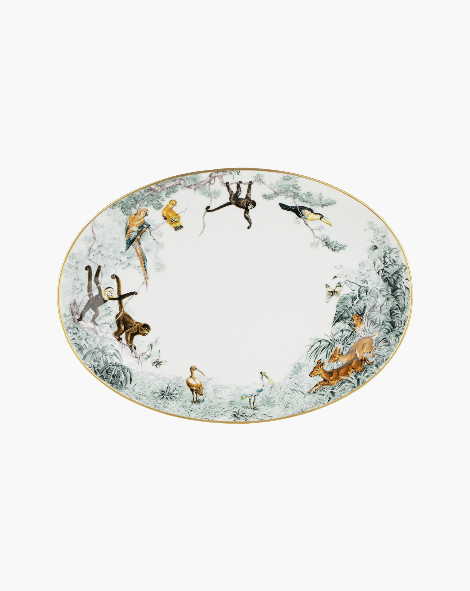 Hermès Carnets d'Équateur medium oval porcelain platter with a wildlife border