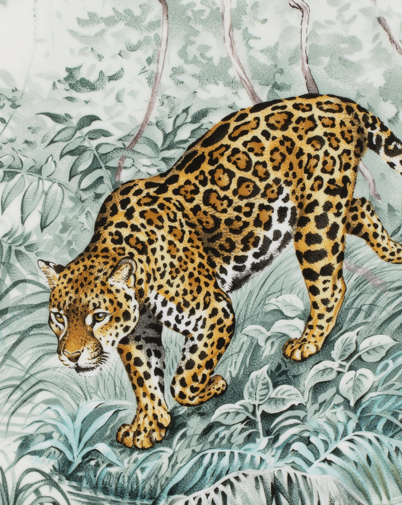 Detail of the leopard illustration on the Hermès Carnets d'Équateur round tart platter