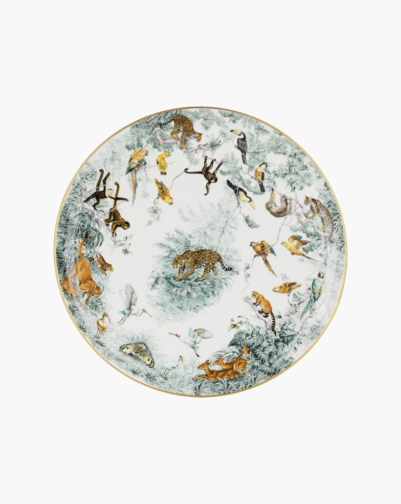Hermès Carnets d'Équateur large round porcelain platter with a central leopard and wildlife border
