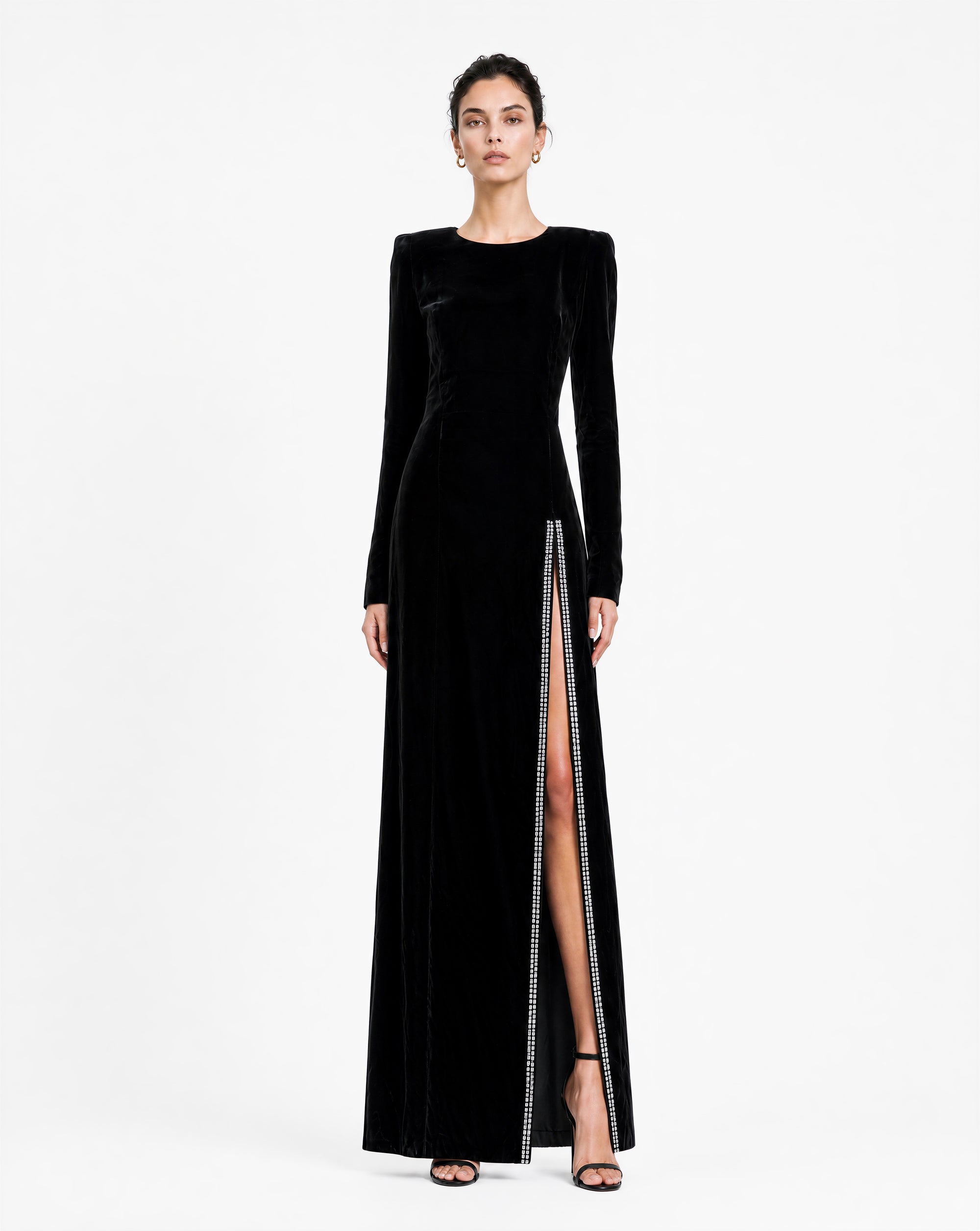 Saint Laurent | Full Length Black Velvet Dress With Rhinestones | Size 36 FR
