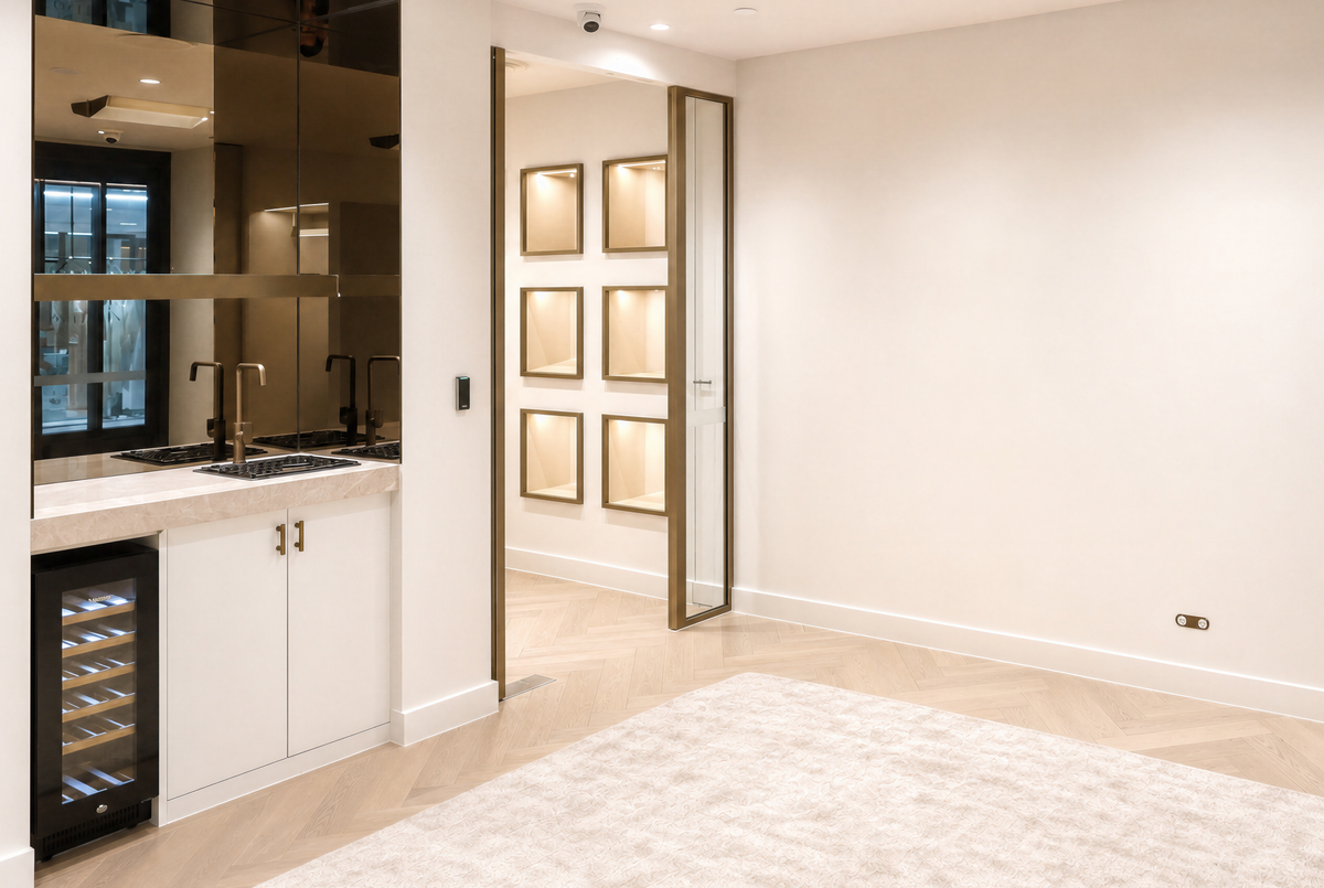 The Private Suite bar with a bronze-framed doorway and illuminated display niches