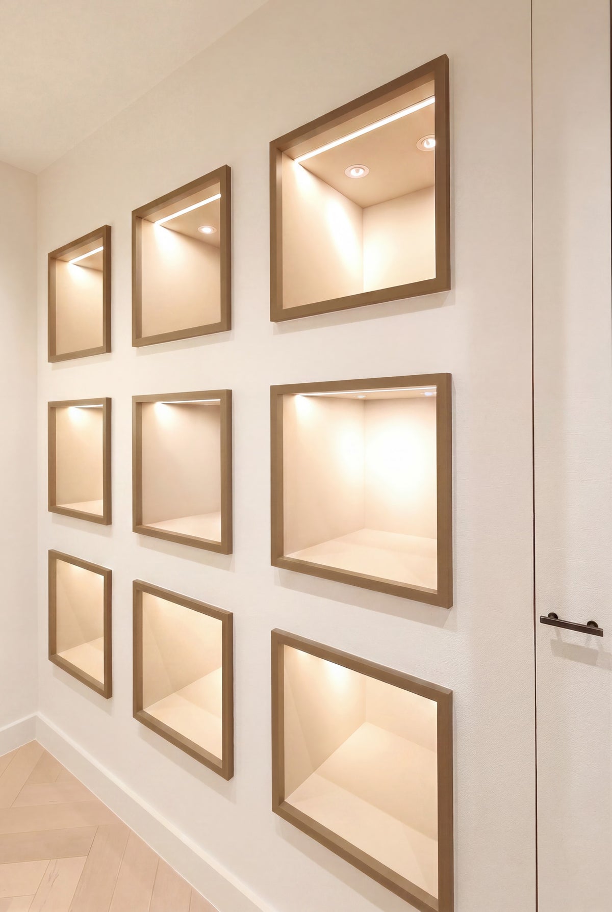 Illuminated bronze-framed display niches within the Private Suite