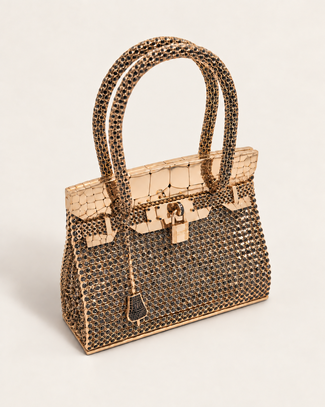 Gold jewelled handbag with black stones on warm ivory, with a natural soft shadow