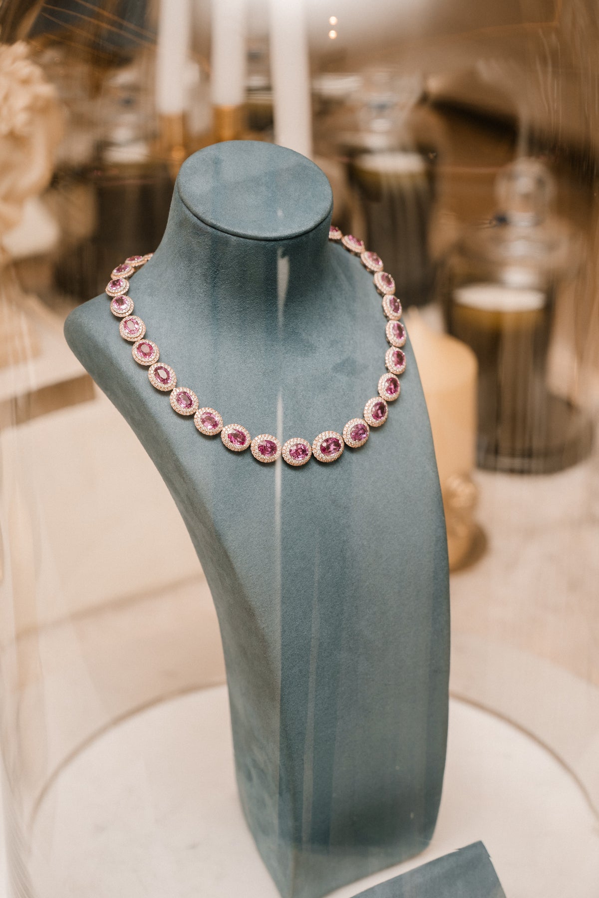 A coloured-stone necklace on display.